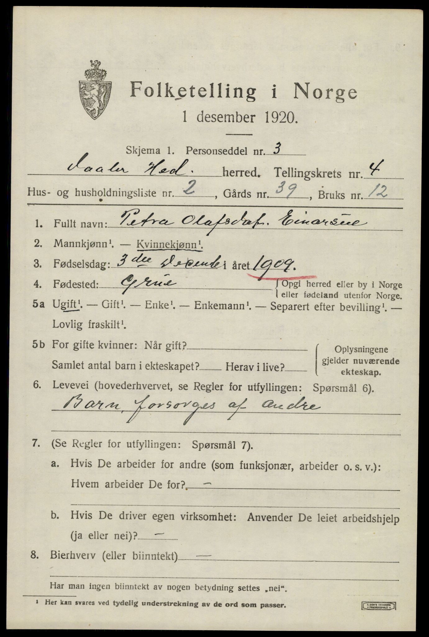 SAH, 1920 census for Våler (Hedmark), 1920, p. 4455