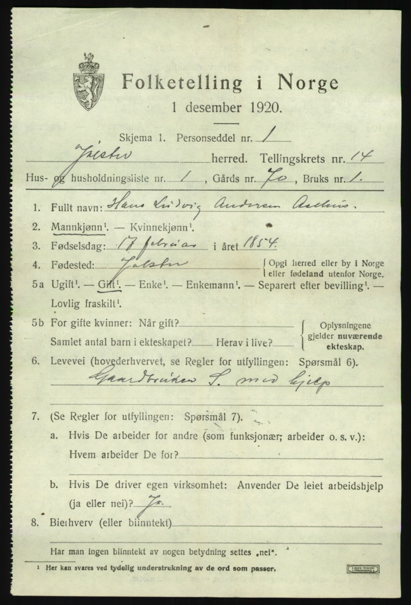 SAB, 1920 census for Jølster, 1920, p. 6454