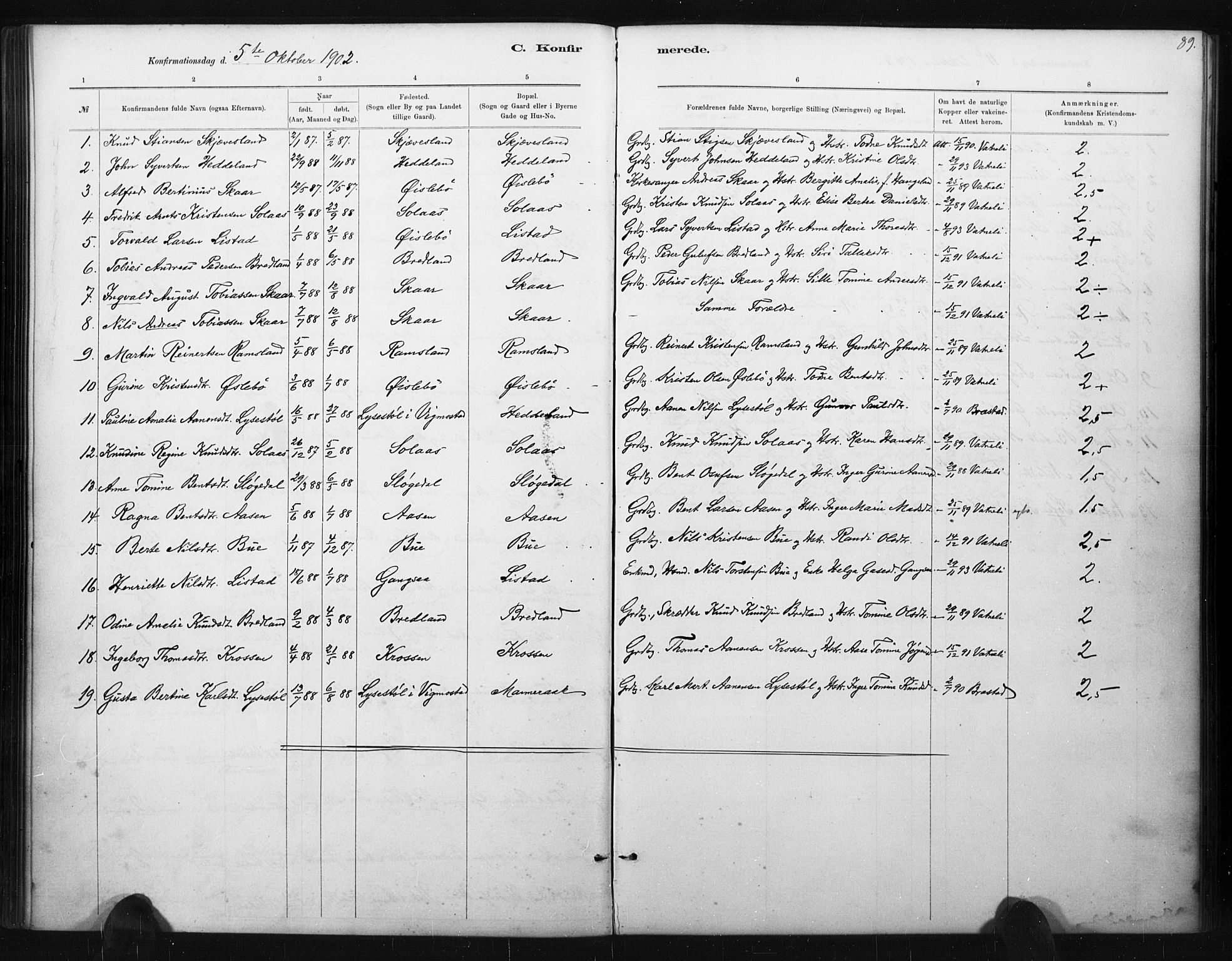 Holum sokneprestkontor, AV/SAK-1111-0022/F/Fa/Fac/L0004: Parish register (official) no. A 4, 1884-1907, p. 89