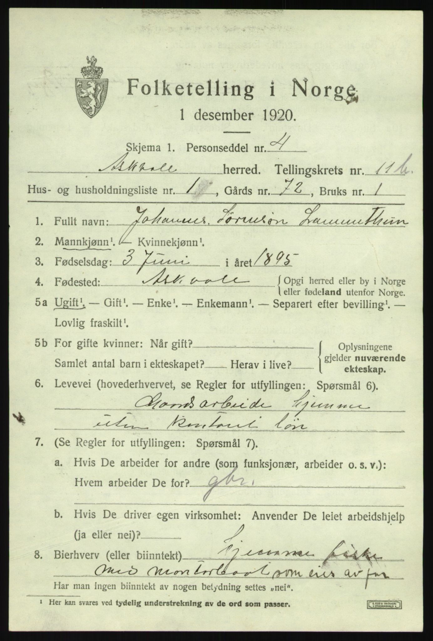 SAB, 1920 census for Askvoll, 1920, p. 4576