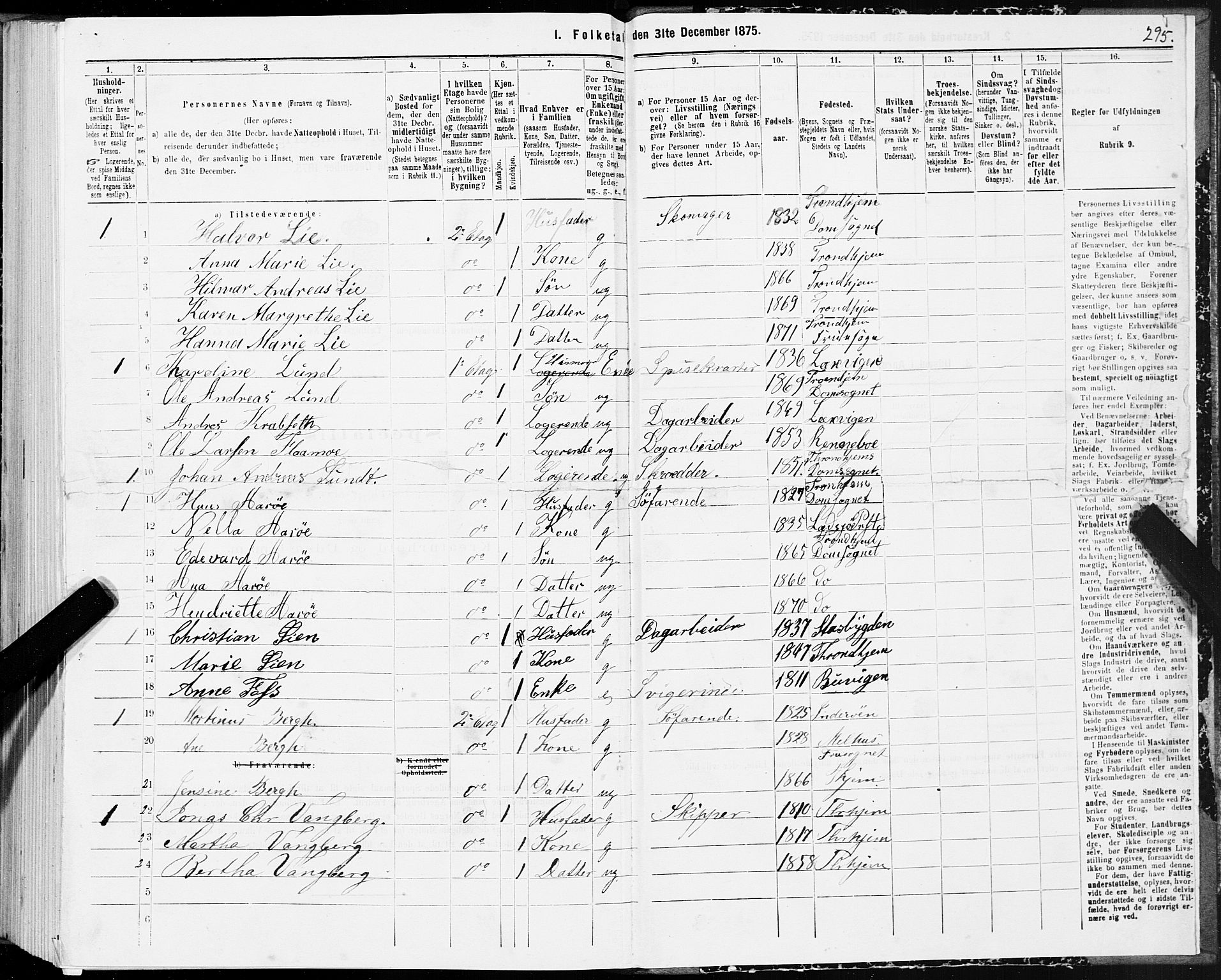 SAT, 1875 census for 1601 Trondheim, 1875, p. 1295