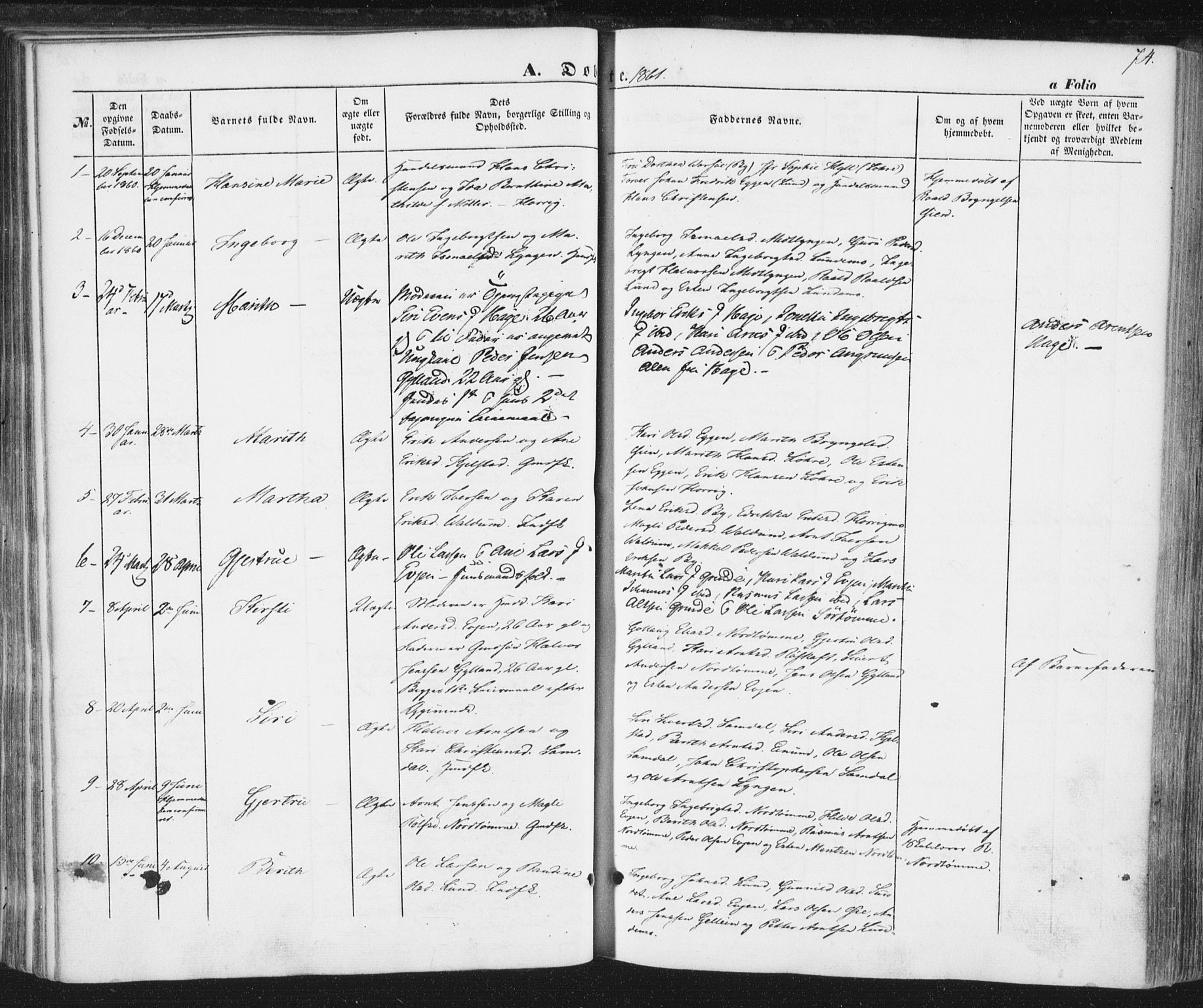 Ministerialprotokoller, klokkerbøker og fødselsregistre - Sør-Trøndelag, SAT/A-1456/692/L1103: Parish register (official) no. 692A03, 1849-1870, p. 74