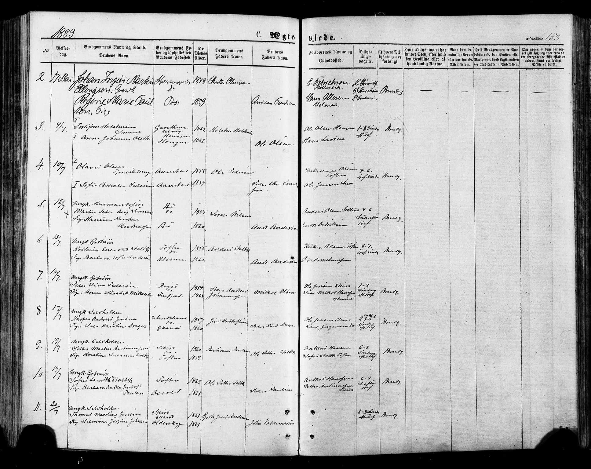 Ministerialprotokoller, klokkerbøker og fødselsregistre - Nordland, AV/SAT-A-1459/895/L1370: Parish register (official) no. 895A05, 1873-1884, p. 153