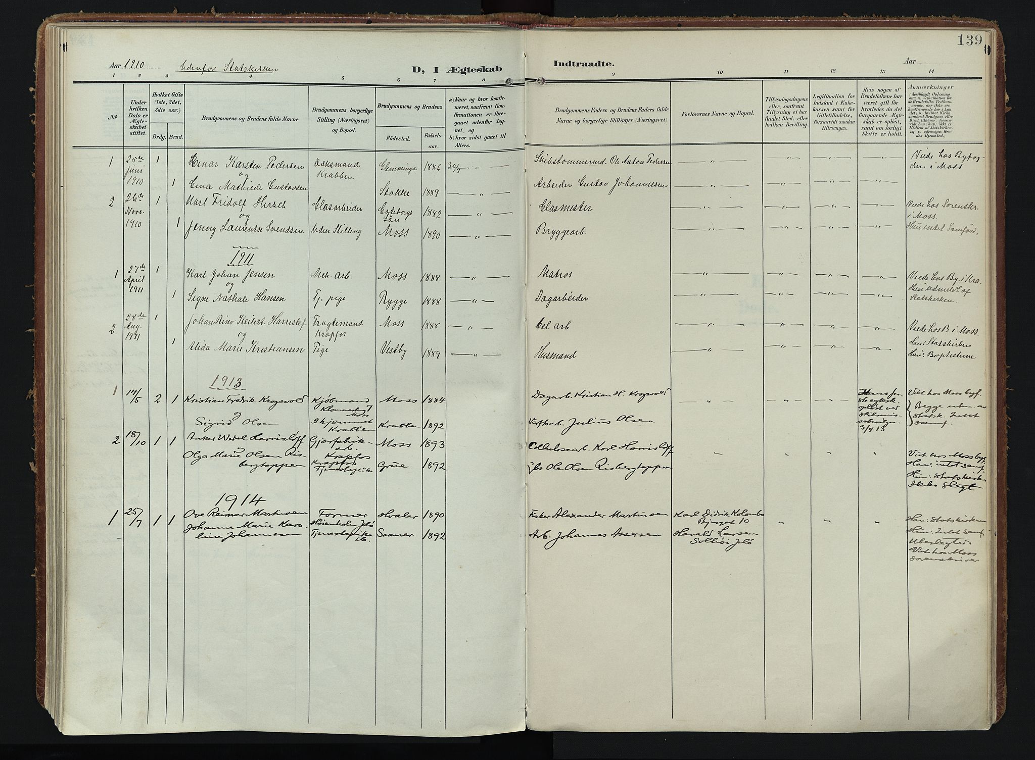 Moss prestekontor Kirkebøker, AV/SAO-A-2003/F/Fc/L0003: Parish register (official) no. III 3, 1906-1914, p. 139