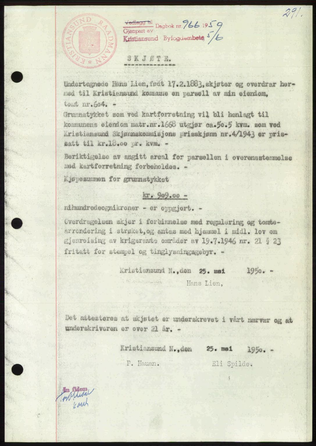 Kristiansund byfogd, AV/SAT-A-4587/A/27: Mortgage book no. 46, 1949-1950, Diary no: : 966/1950