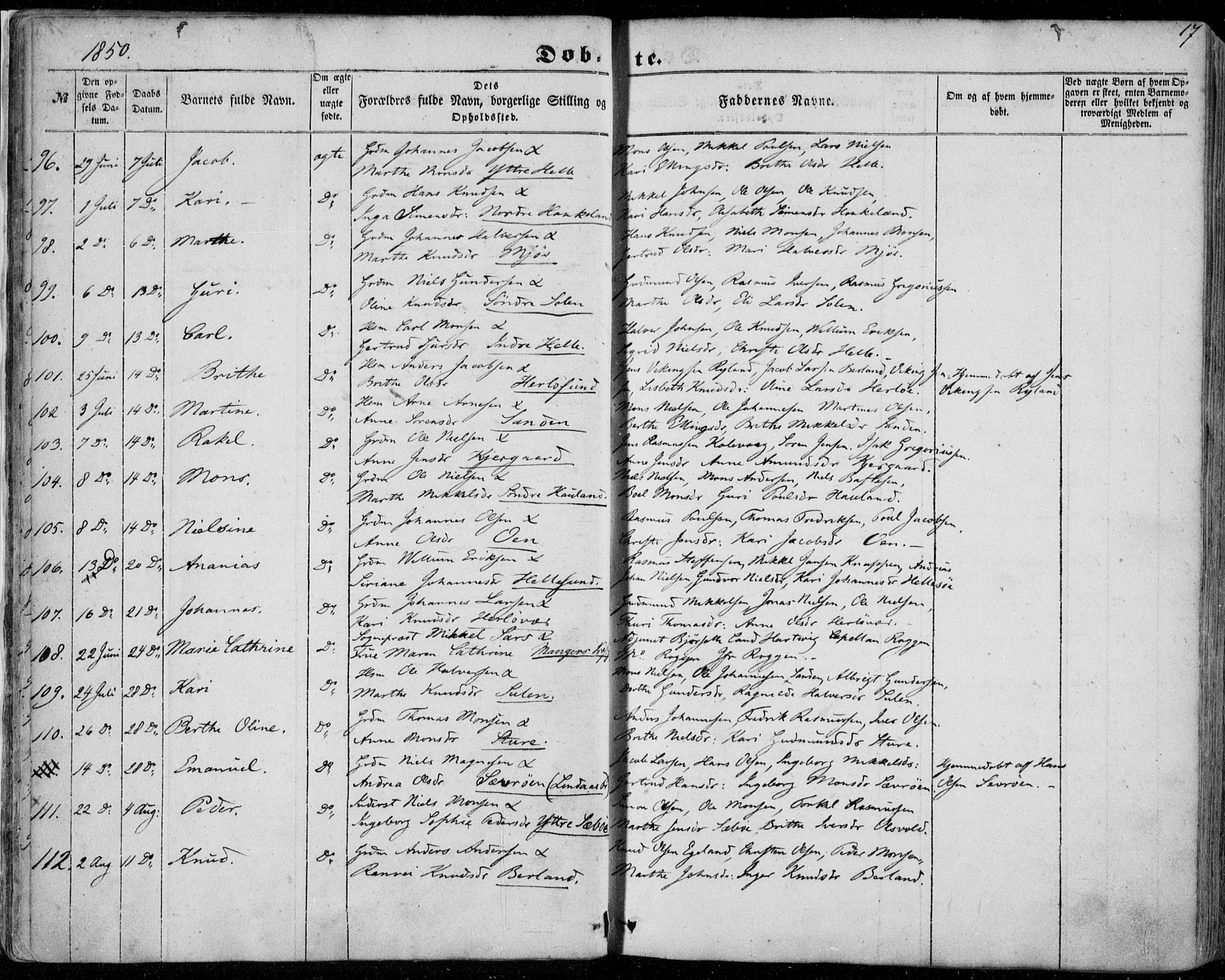 Manger sokneprestembete, AV/SAB-A-76801/H/Haa: Parish register (official) no. A 6, 1849-1859, p. 17