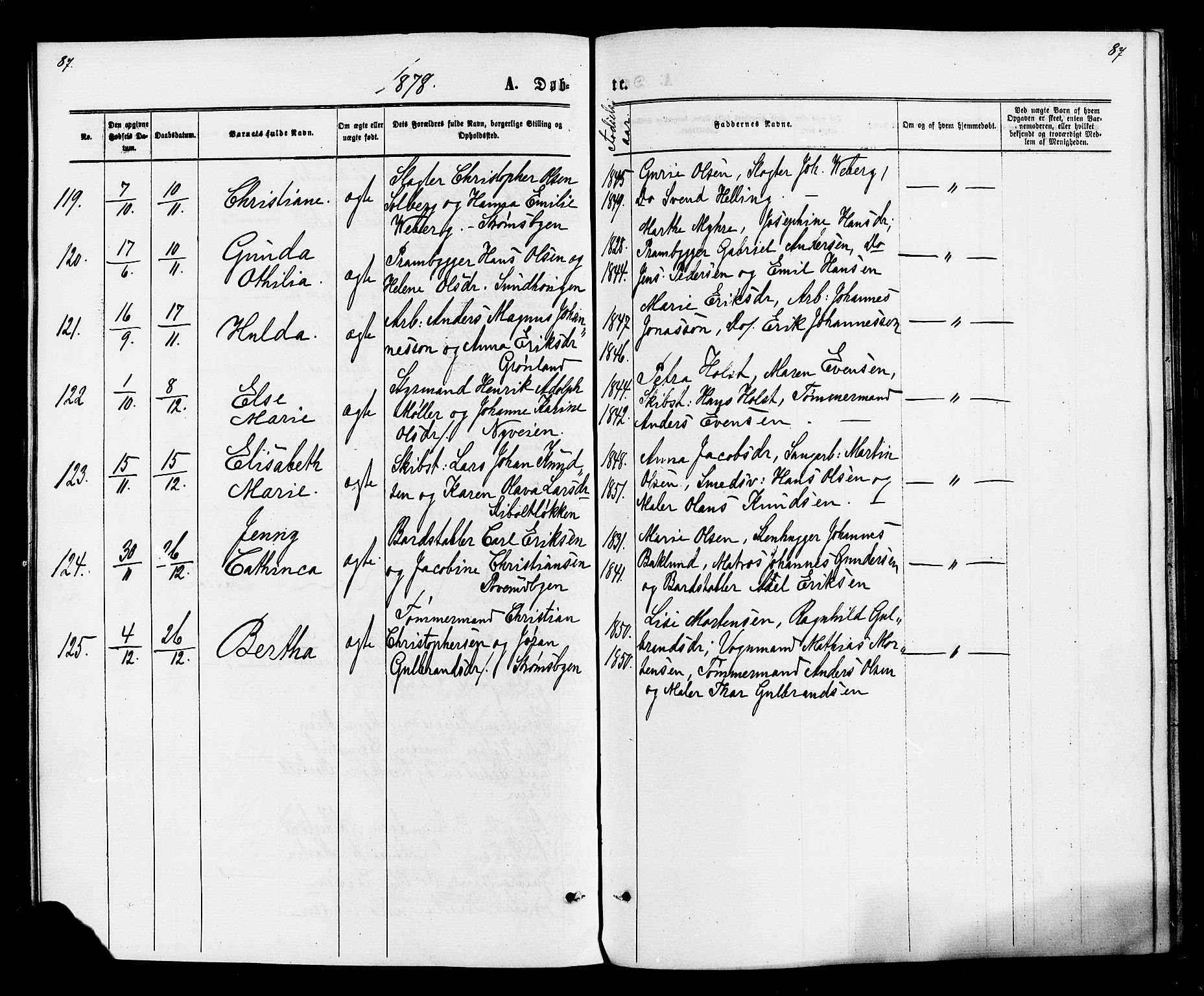 Strømsø kirkebøker, AV/SAKO-A-246/F/Fa/L0020: Parish register (official) no. I 20, 1870-1878, p. 87