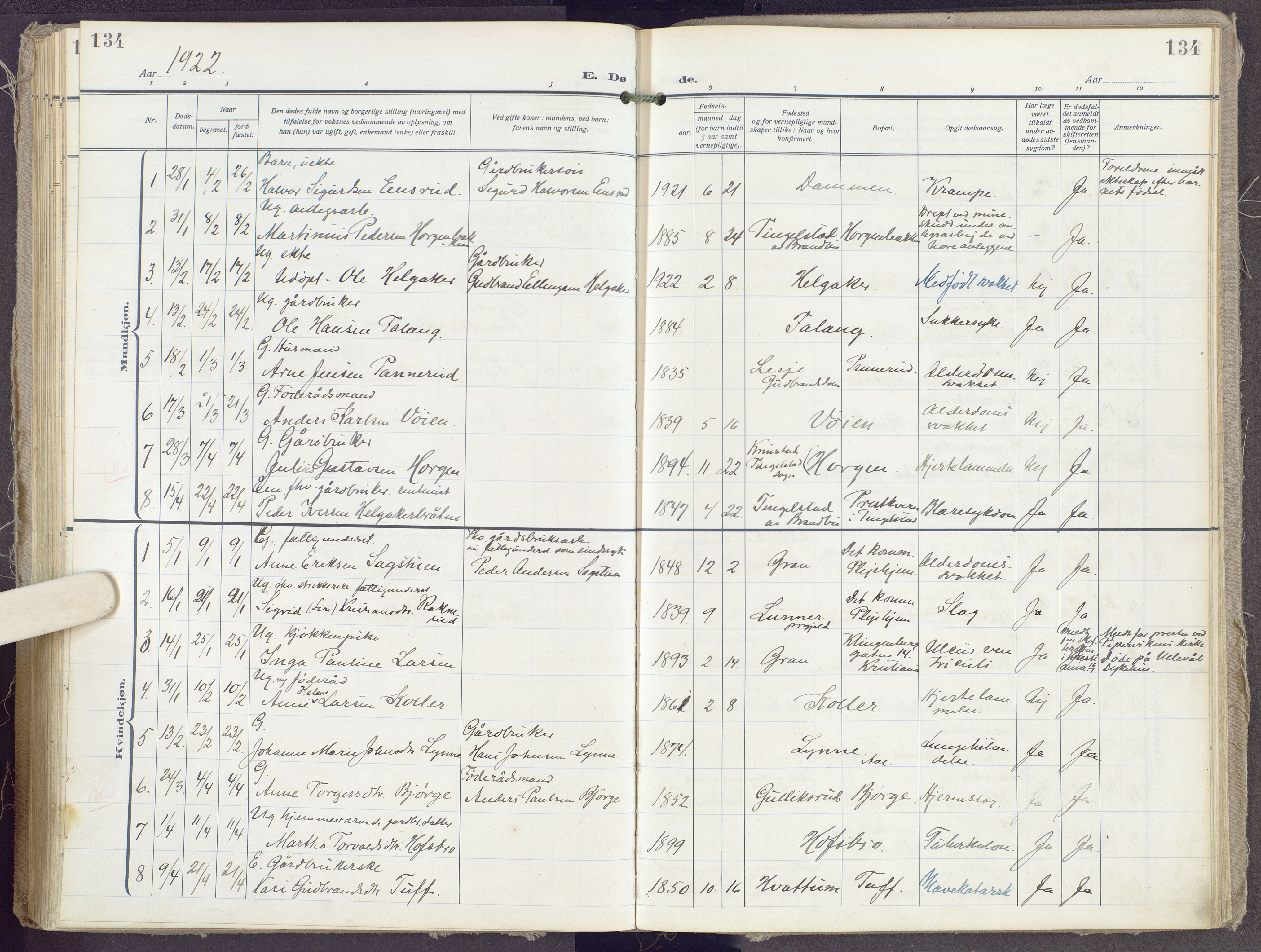 Gran prestekontor, SAH/PREST-112/H/Ha/Haa/L0023: Parish register (official) no. 23, 1919-1938, p. 134