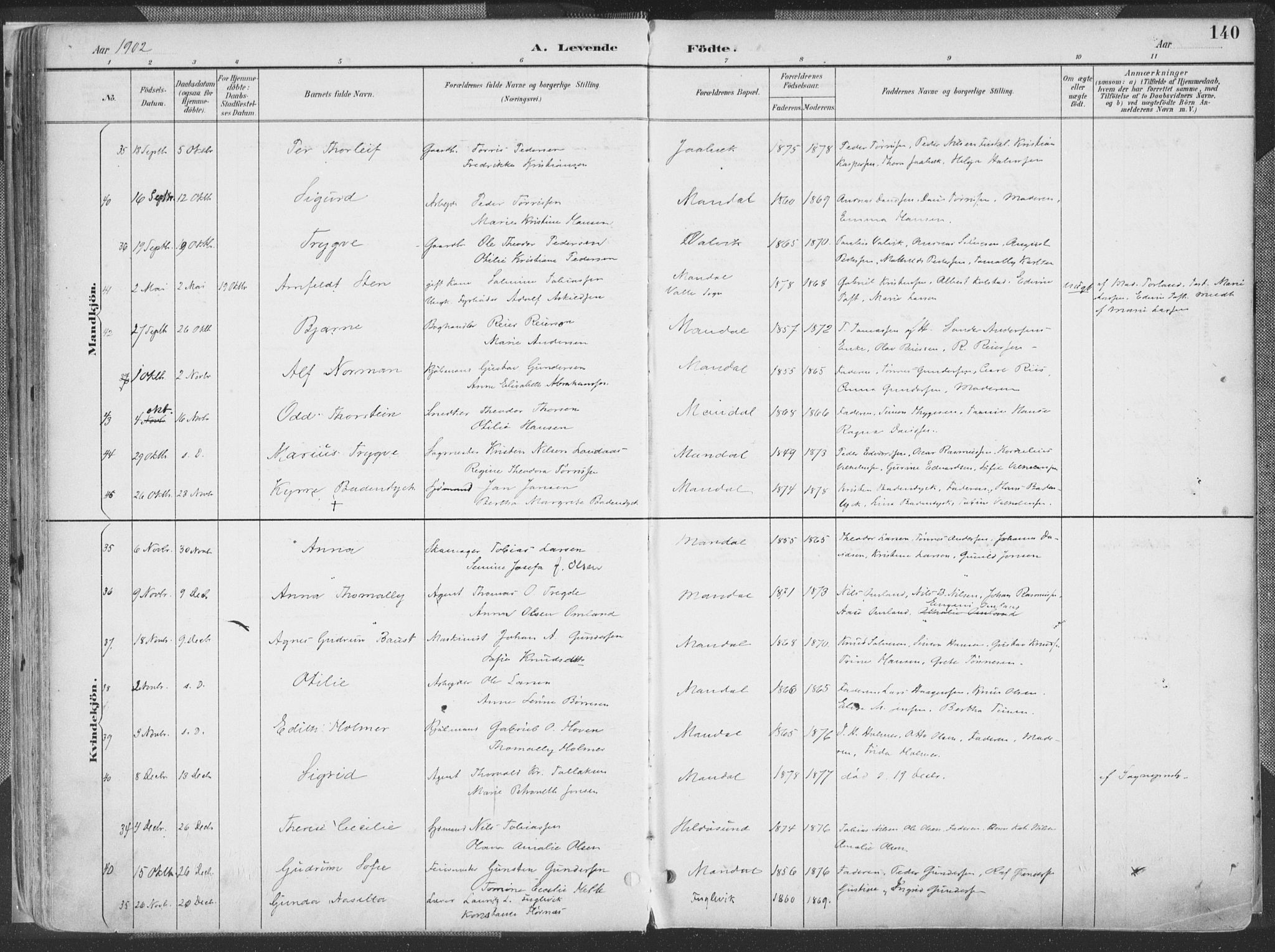 Mandal sokneprestkontor, AV/SAK-1111-0030/F/Fa/Faa/L0018: Parish register (official) no. A 18, 1890-1905, p. 140