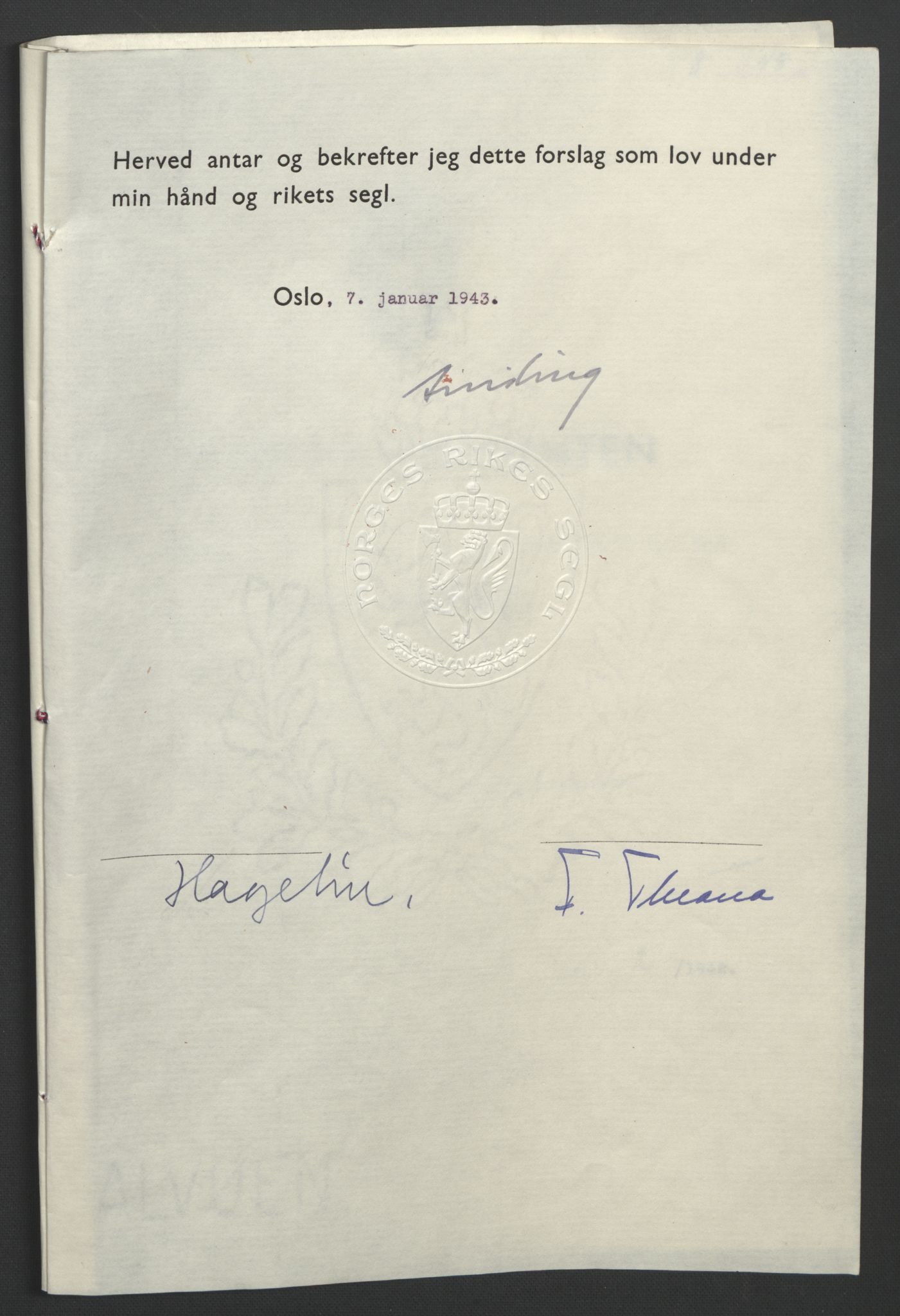 NS-administrasjonen 1940-1945 (Statsrådsekretariatet, de kommisariske statsråder mm), AV/RA-S-4279/D/Db/L0099: Lover, 1943, p. 13
