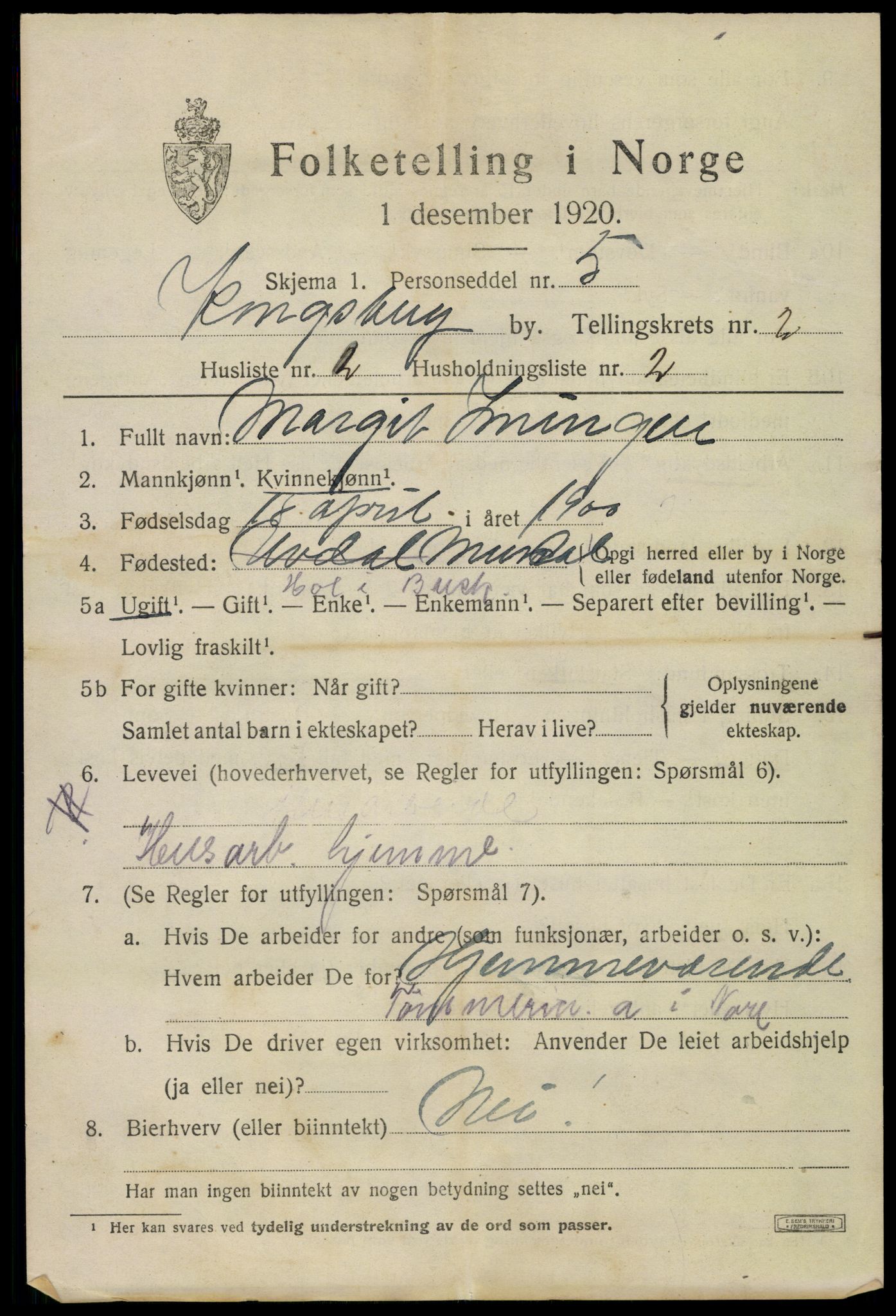 SAKO, 1920 census for Kongsberg, 1920, p. 6784