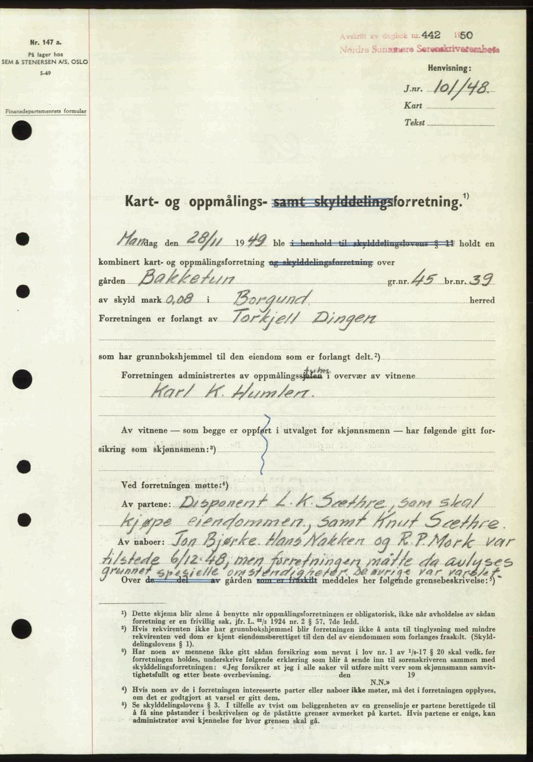 Nordre Sunnmøre sorenskriveri, AV/SAT-A-0006/1/2/2C/2Ca: Mortgage book no. A33, 1949-1950, Diary no: : 442/1950