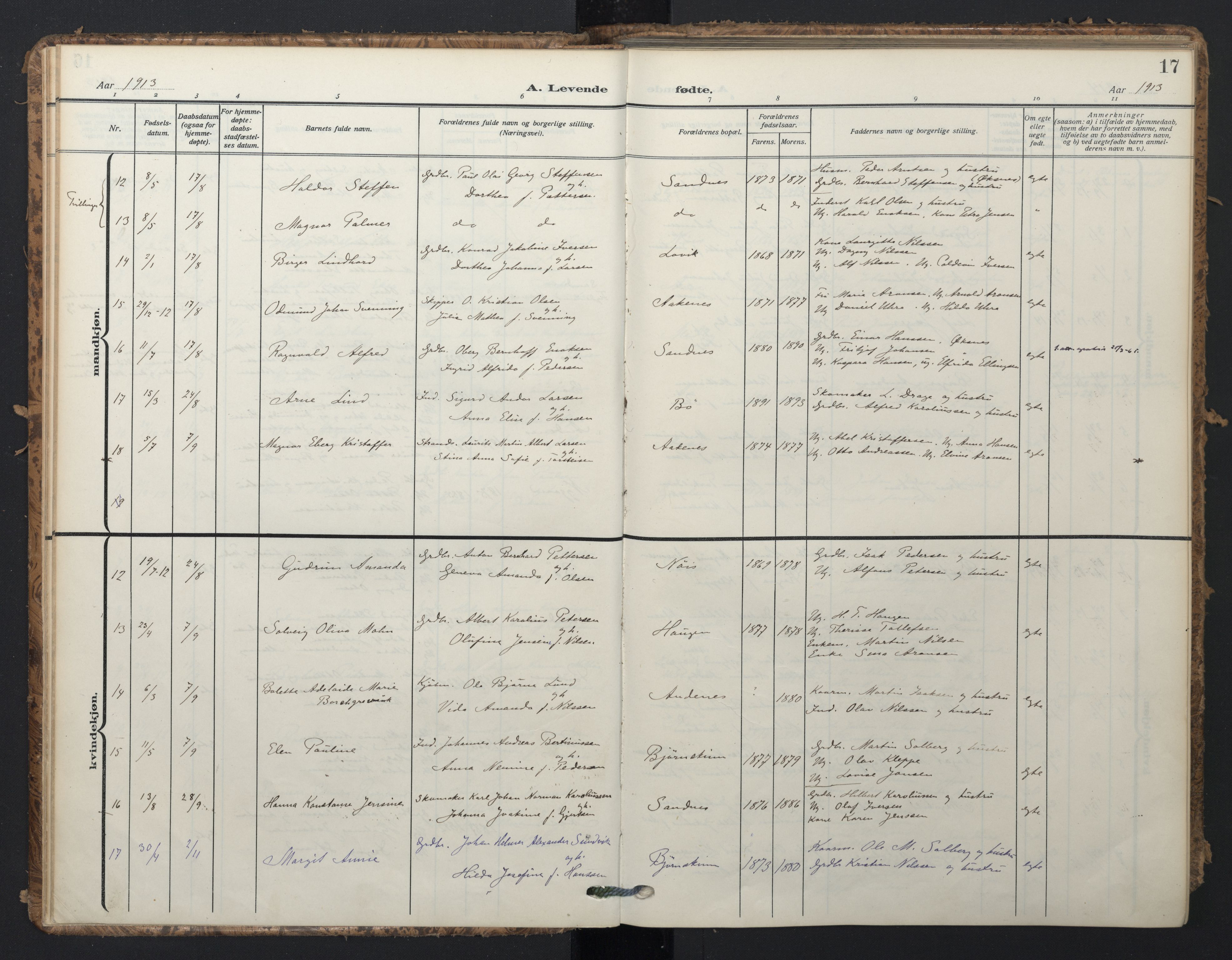 Ministerialprotokoller, klokkerbøker og fødselsregistre - Nordland, AV/SAT-A-1459/898/L1423: Parish register (official) no. 898A03, 1909-1928, p. 17