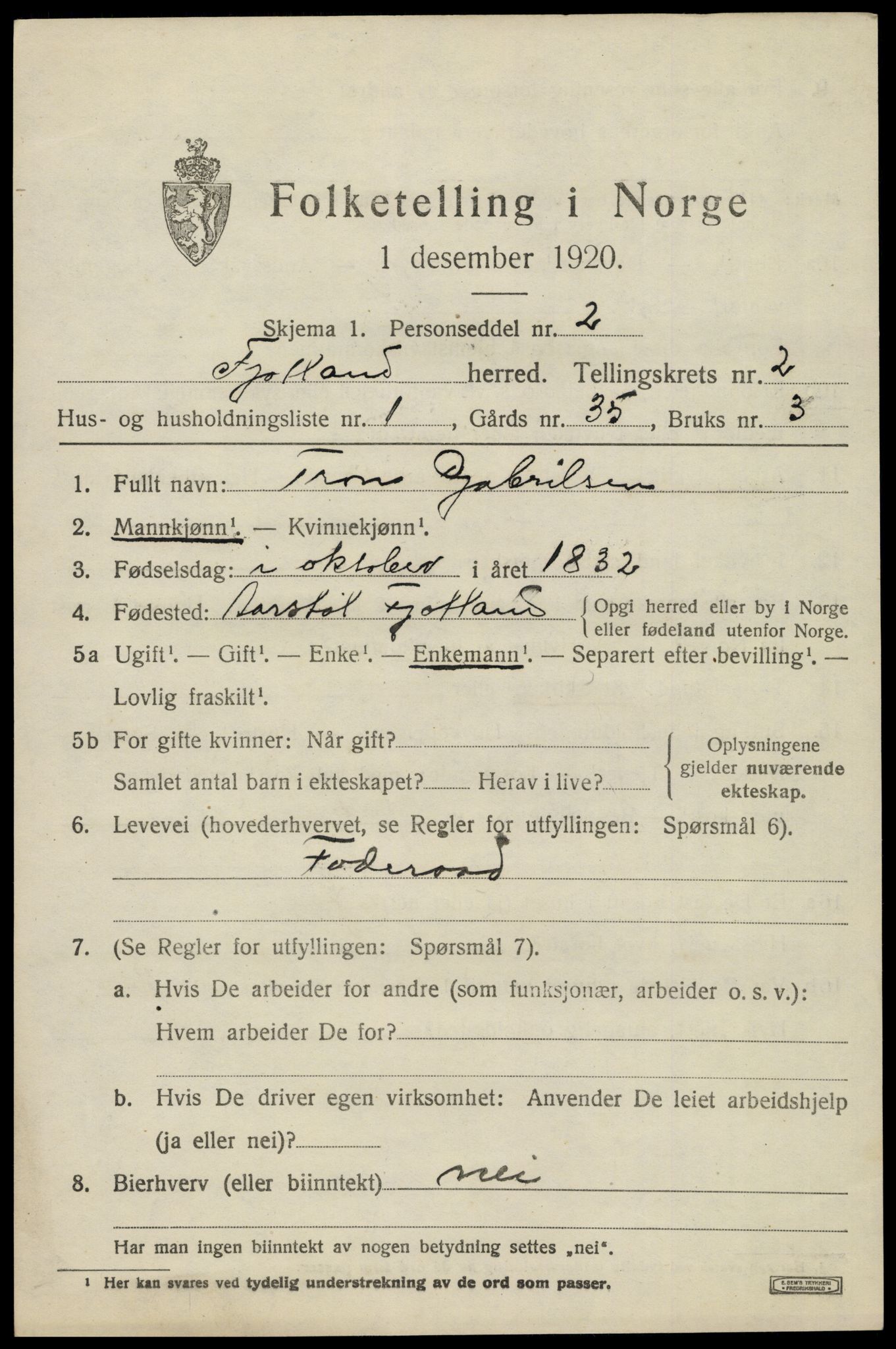 SAK, 1920 census for Fjotland, 1920, p. 2002