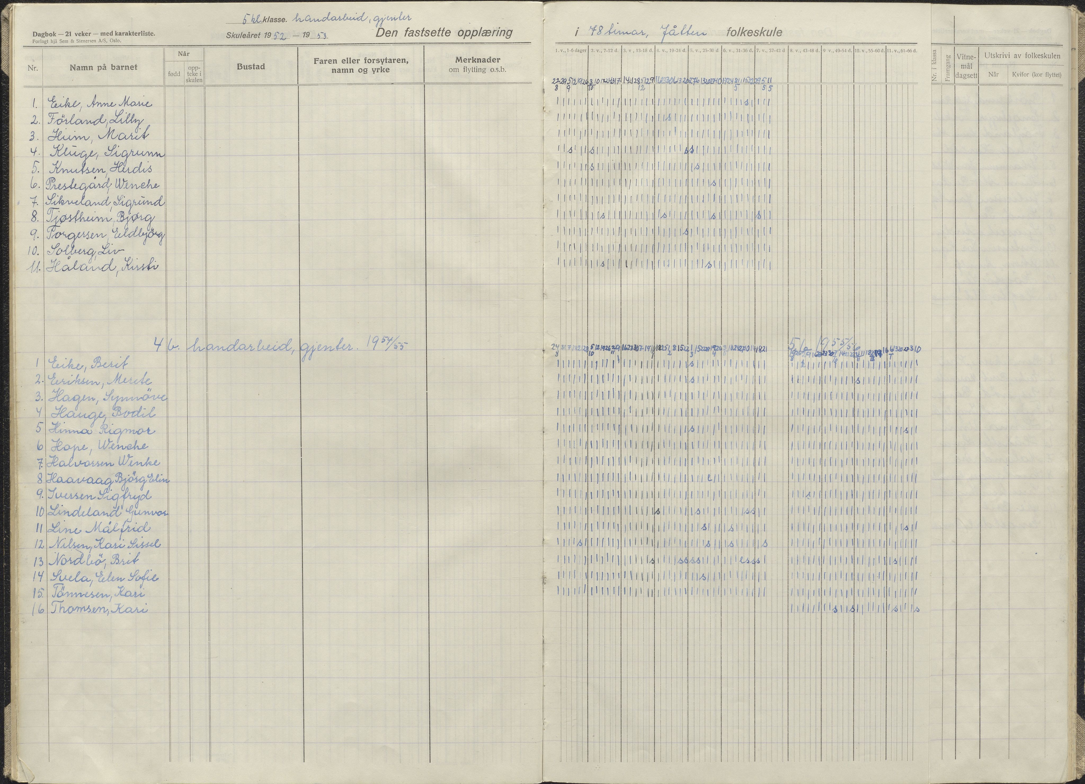 Hetland kommune. Jåtten skole, BYST/A-0148/G/Ga/L0016: Dagbok , 1952-1959