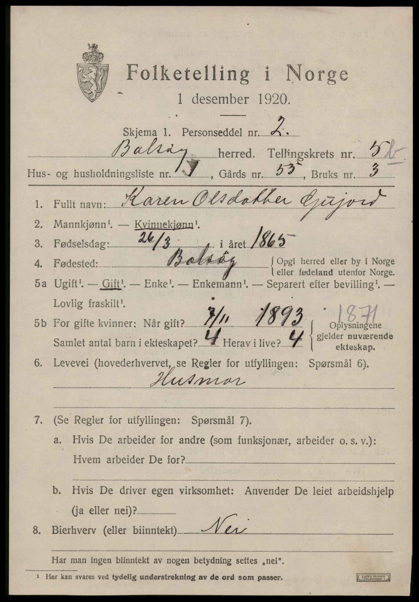 SAT, 1920 census for Bolsøy, 1920, p. 7547