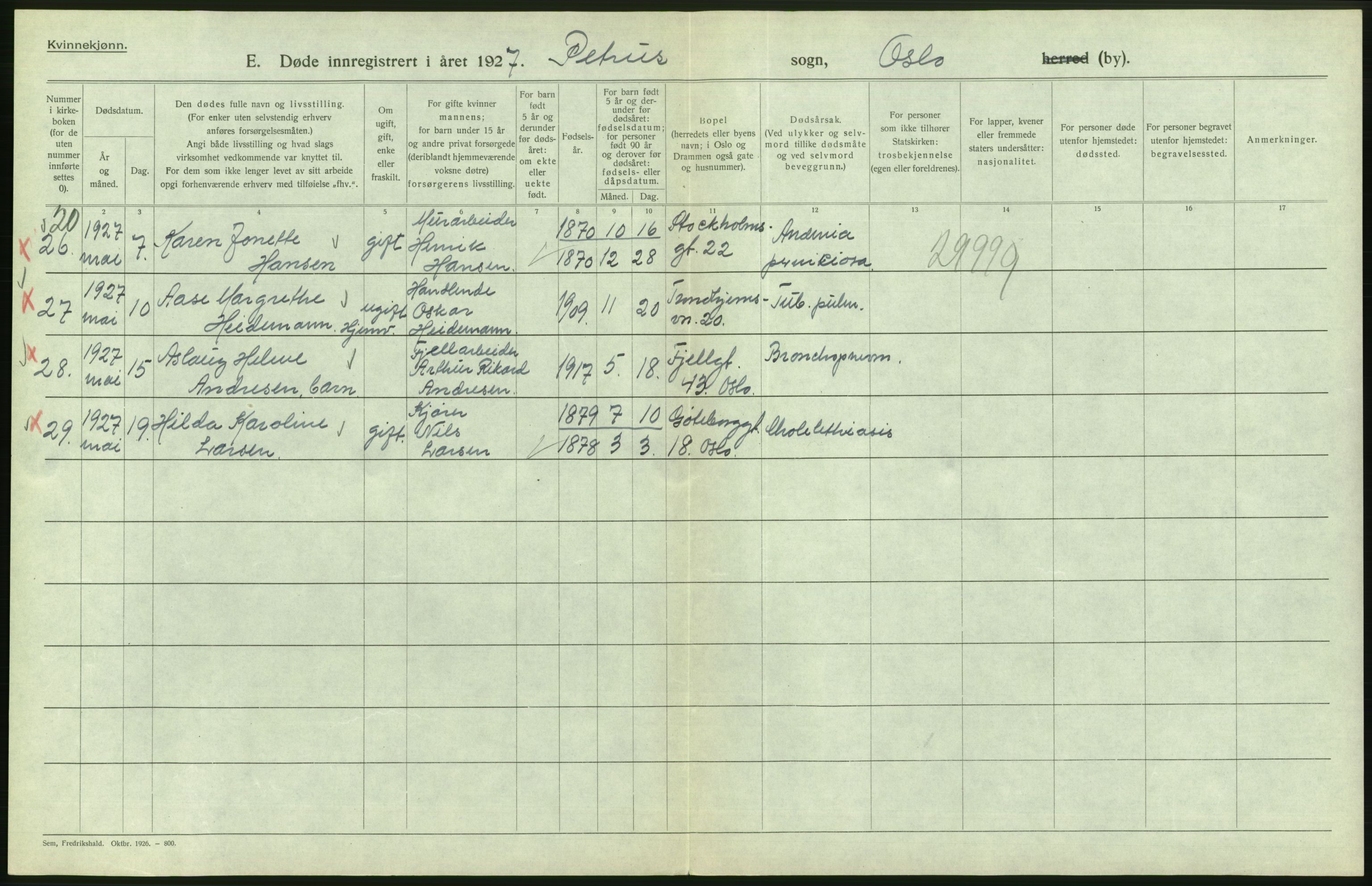 Statistisk sentralbyrå, Sosiodemografiske emner, Befolkning, AV/RA-S-2228/D/Df/Dfc/Dfcg/L0010: Oslo: Døde kvinner, dødfødte, 1927, p. 412