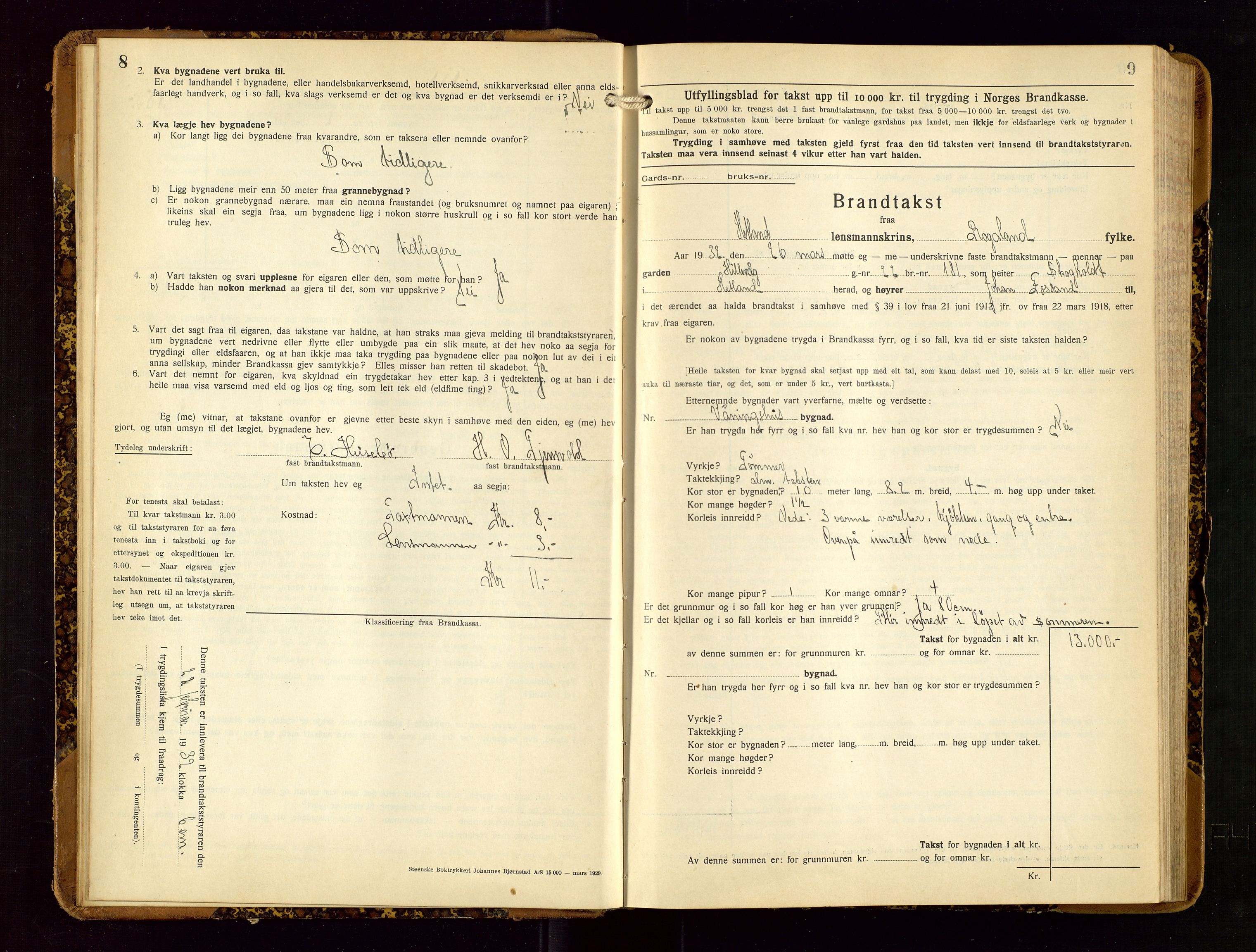 Hetland lensmannskontor, AV/SAST-A-100101/Gob/L0003: "Brandtakstbok", 1932-1934, p. 8-9