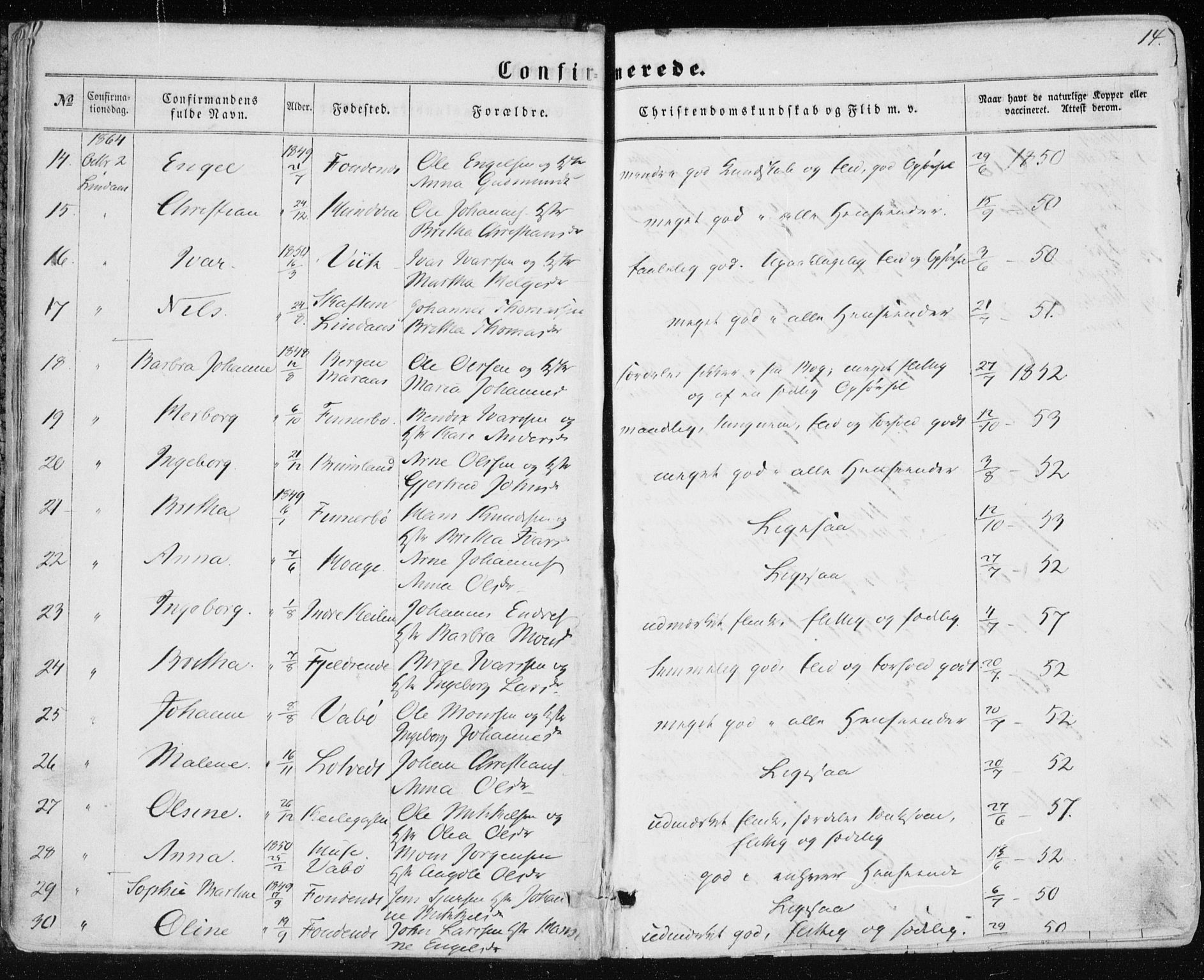 Lindås Sokneprestembete, SAB/A-76701/H/Haa: Parish register (official) no. A 16, 1863-1875, p. 14