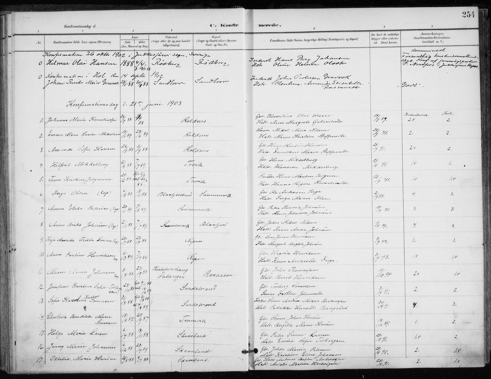 Trondenes sokneprestkontor, AV/SATØ-S-1319/H/Ha/L0017kirke: Parish register (official) no. 17, 1899-1908, p. 254