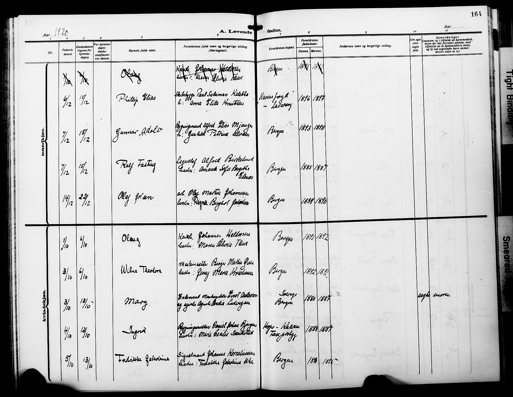 Fødselsstiftelsens sokneprestembete*, SAB/-: Parish register (copy) no. A 3, 1916-1925, p. 164