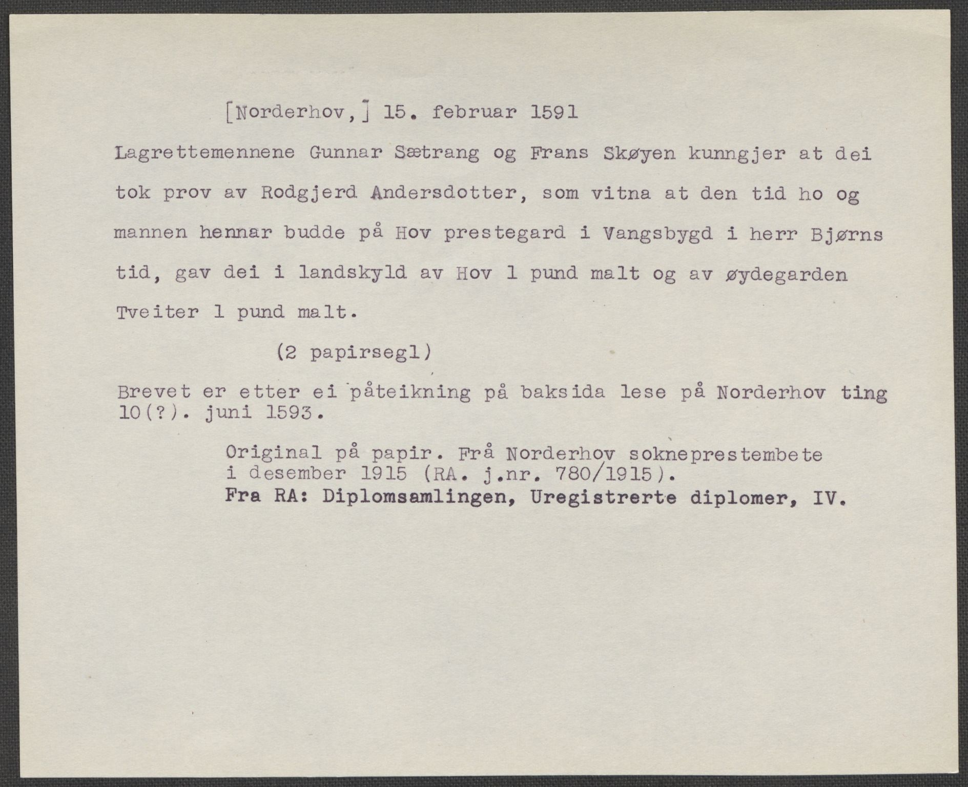 Riksarkivets diplomsamling, RA/EA-5965/F15/L0015: Prestearkiv - Oppland og Buskerud, 1573-1792, p. 36