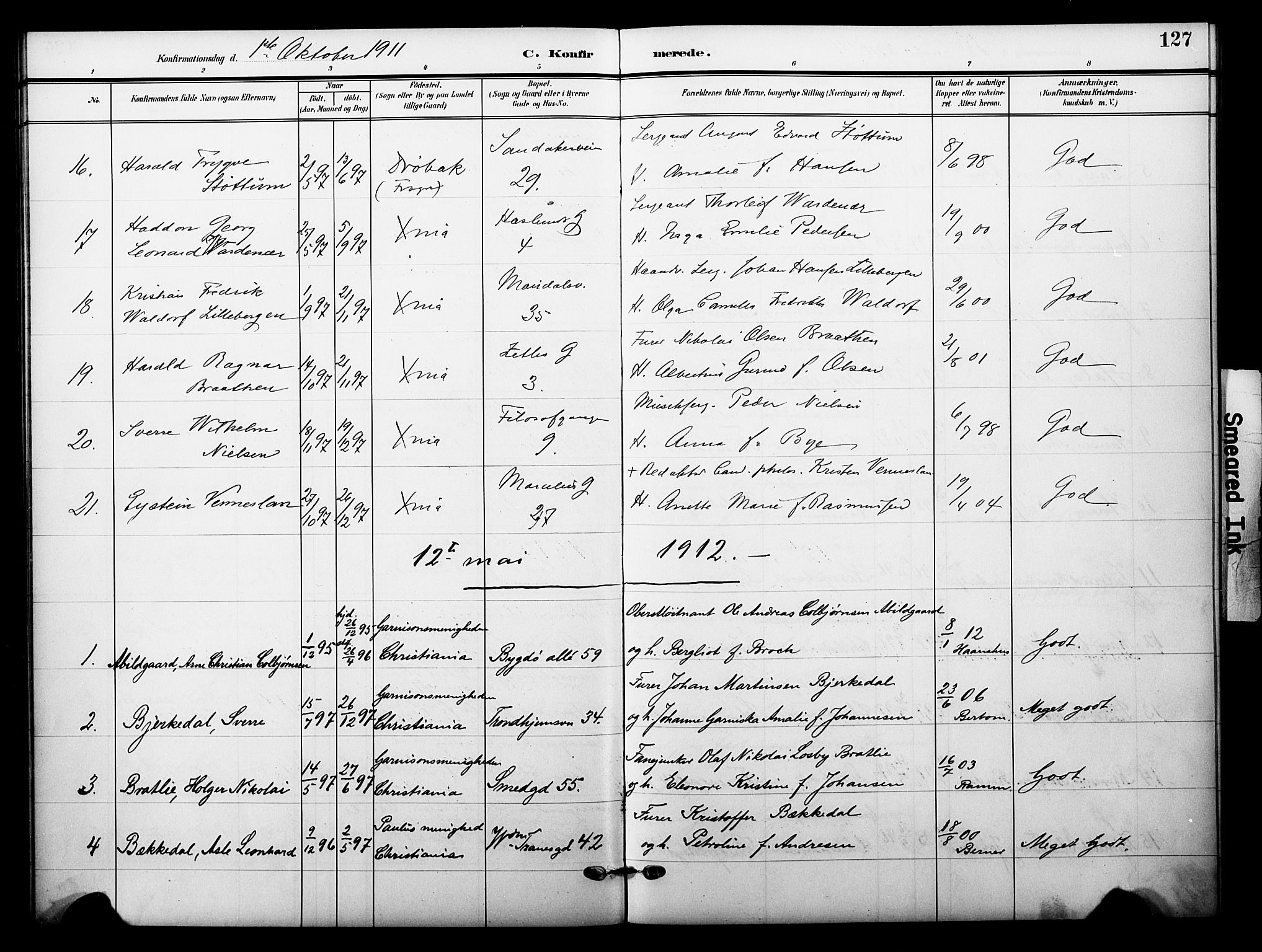 Garnisonsmenigheten Kirkebøker, SAO/A-10846/F/Fa/L0014: Parish register (official) no. 14, 1905-1914, p. 127