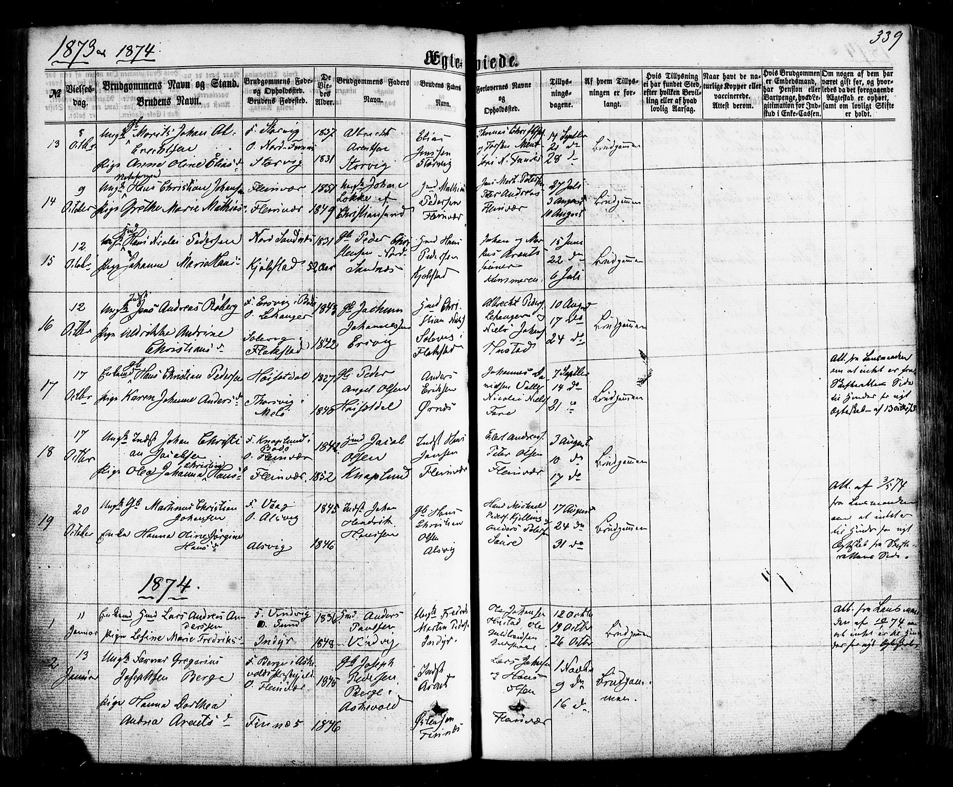 Ministerialprotokoller, klokkerbøker og fødselsregistre - Nordland, SAT/A-1459/805/L0098: Parish register (official) no. 805A05, 1862-1879, p. 339