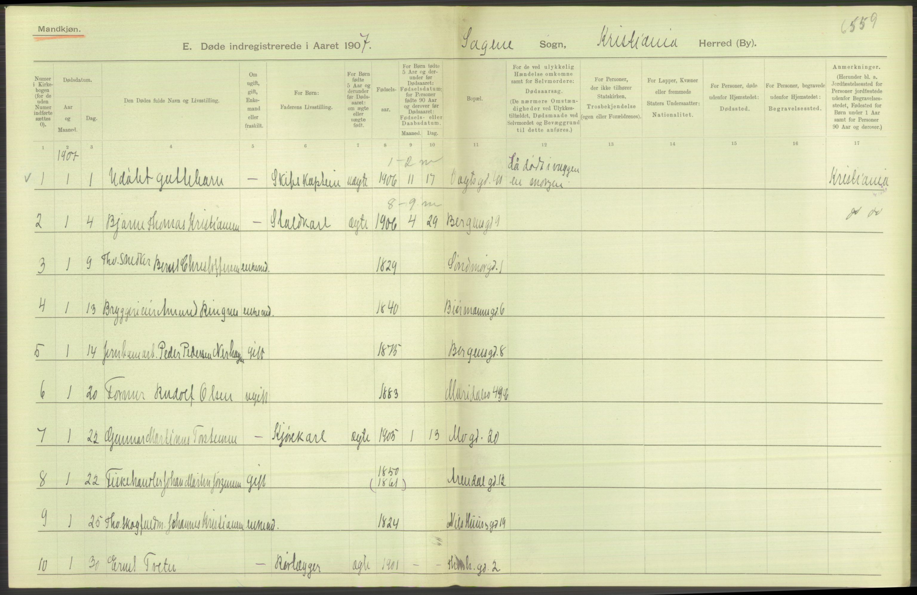 Statistisk sentralbyrå, Sosiodemografiske emner, Befolkning, RA/S-2228/D/Df/Dfa/Dfae/L0010: Kristiania: Døde, dødfødte, 1907, p. 246