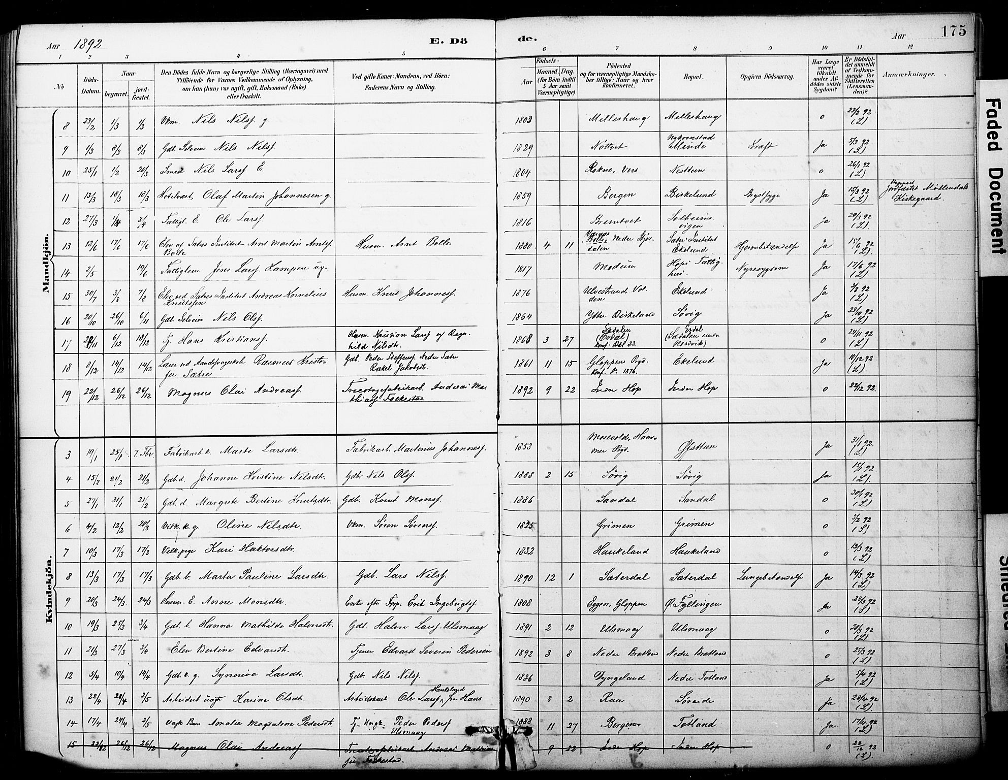 Fana Sokneprestembete, AV/SAB-A-75101/H/Haa/Haai/L0002: Parish register (official) no. I 2, 1888-1899, p. 175