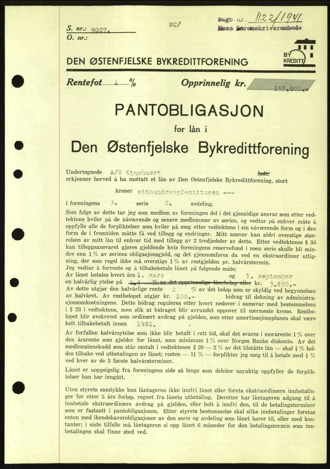 Moss sorenskriveri, SAO/A-10168: Mortgage book no. B10, 1940-1941, Diary no: : 1122/1941