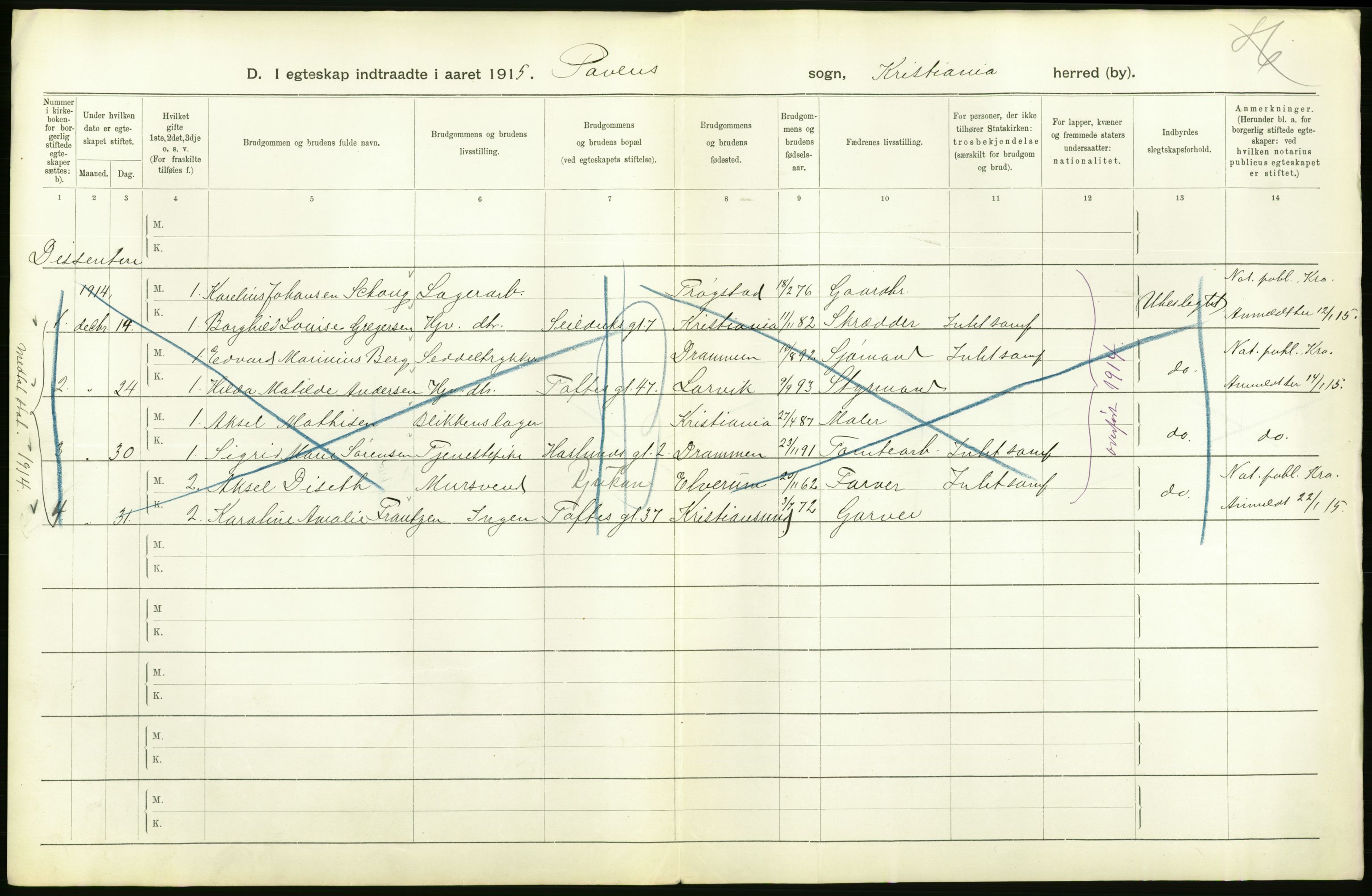 Statistisk sentralbyrå, Sosiodemografiske emner, Befolkning, RA/S-2228/D/Df/Dfb/Dfbe/L0008: Kristiania: Gifte., 1915, p. 560