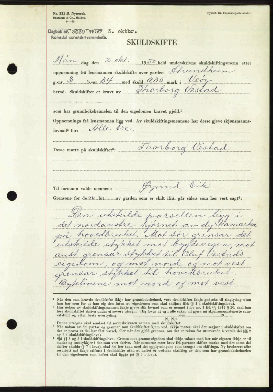 Romsdal sorenskriveri, AV/SAT-A-4149/1/2/2C: Mortgage book no. A34, 1950-1950, Diary no: : 3039/1950