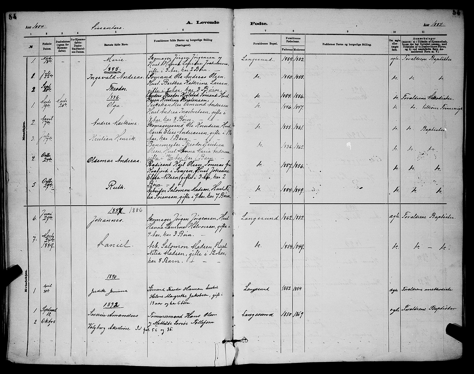 Langesund kirkebøker, AV/SAKO-A-280/G/Ga/L0005: Parish register (copy) no. 5, 1884-1898, p. 54
