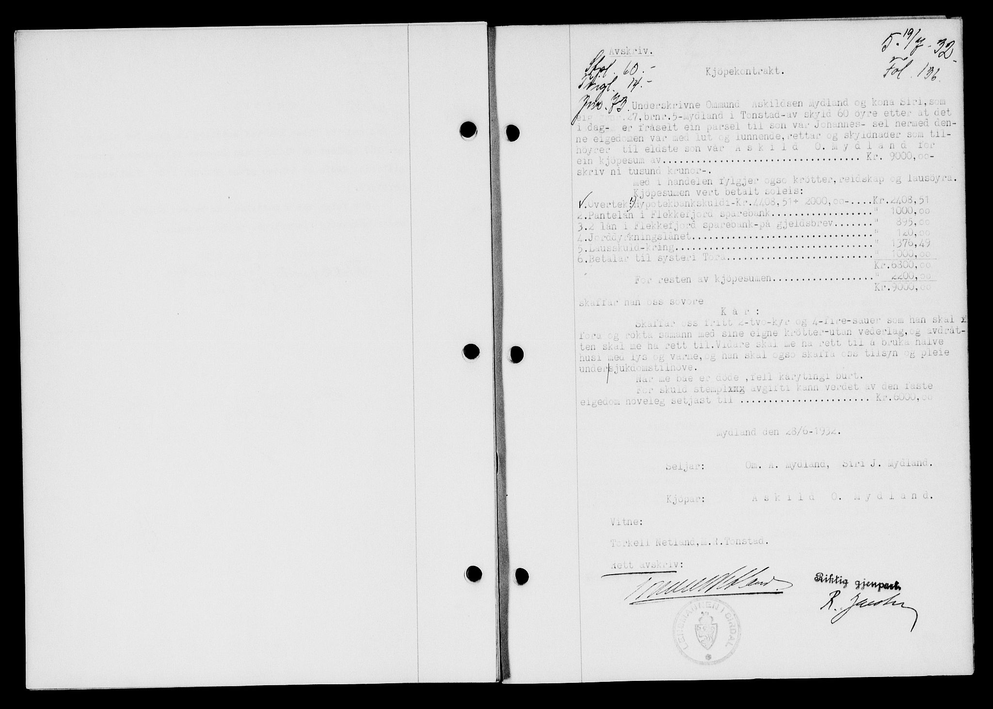 Flekkefjord sorenskriveri, SAK/1221-0001/G/Gb/Gba/L0047: Mortgage book no. 45, 1931-1932, Deed date: 19.07.1932