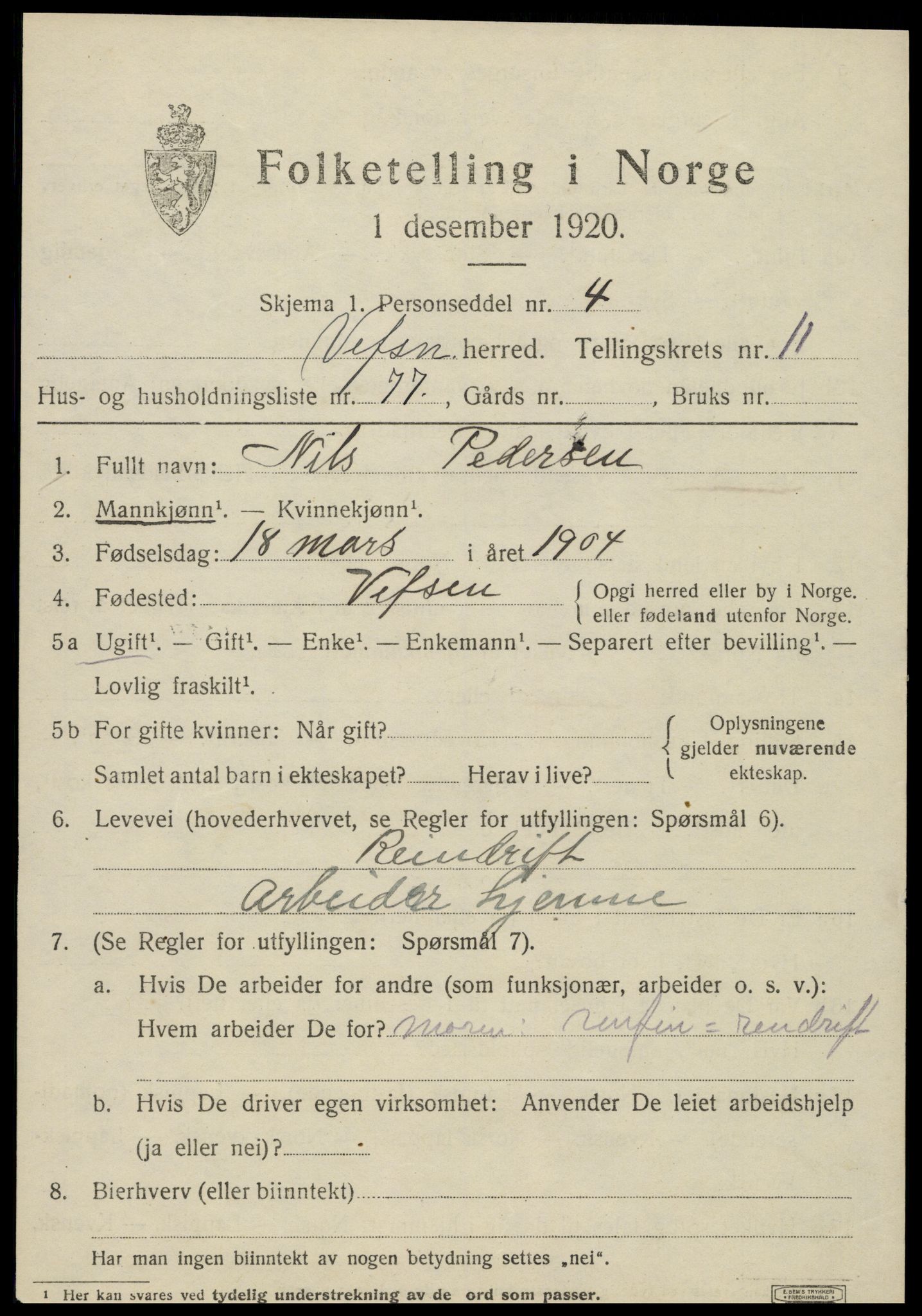 SAT, 1920 census for Vefsn, 1920, p. 9449