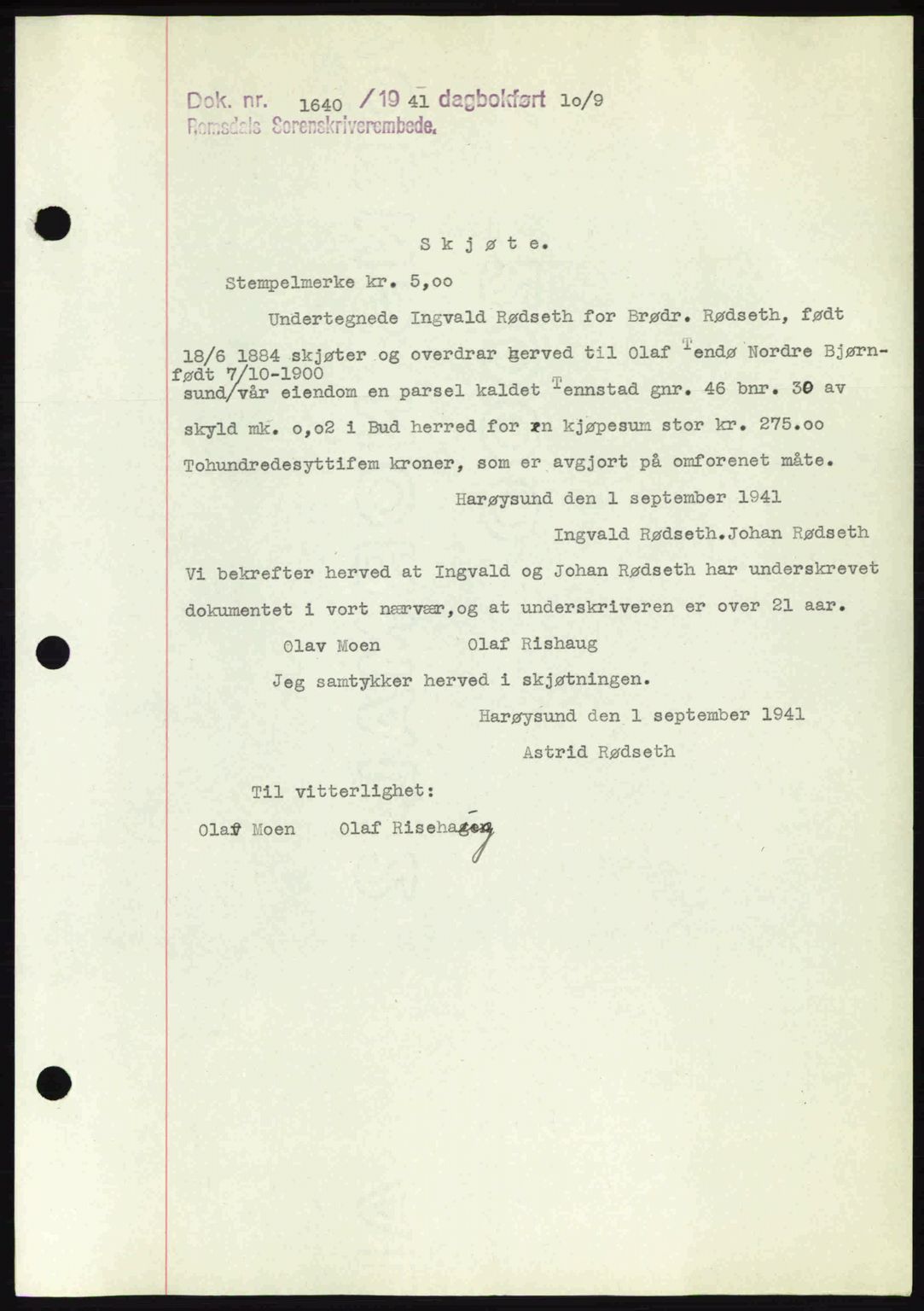 Romsdal sorenskriveri, AV/SAT-A-4149/1/2/2C: Mortgage book no. A10, 1941-1941, Diary no: : 1640/1941