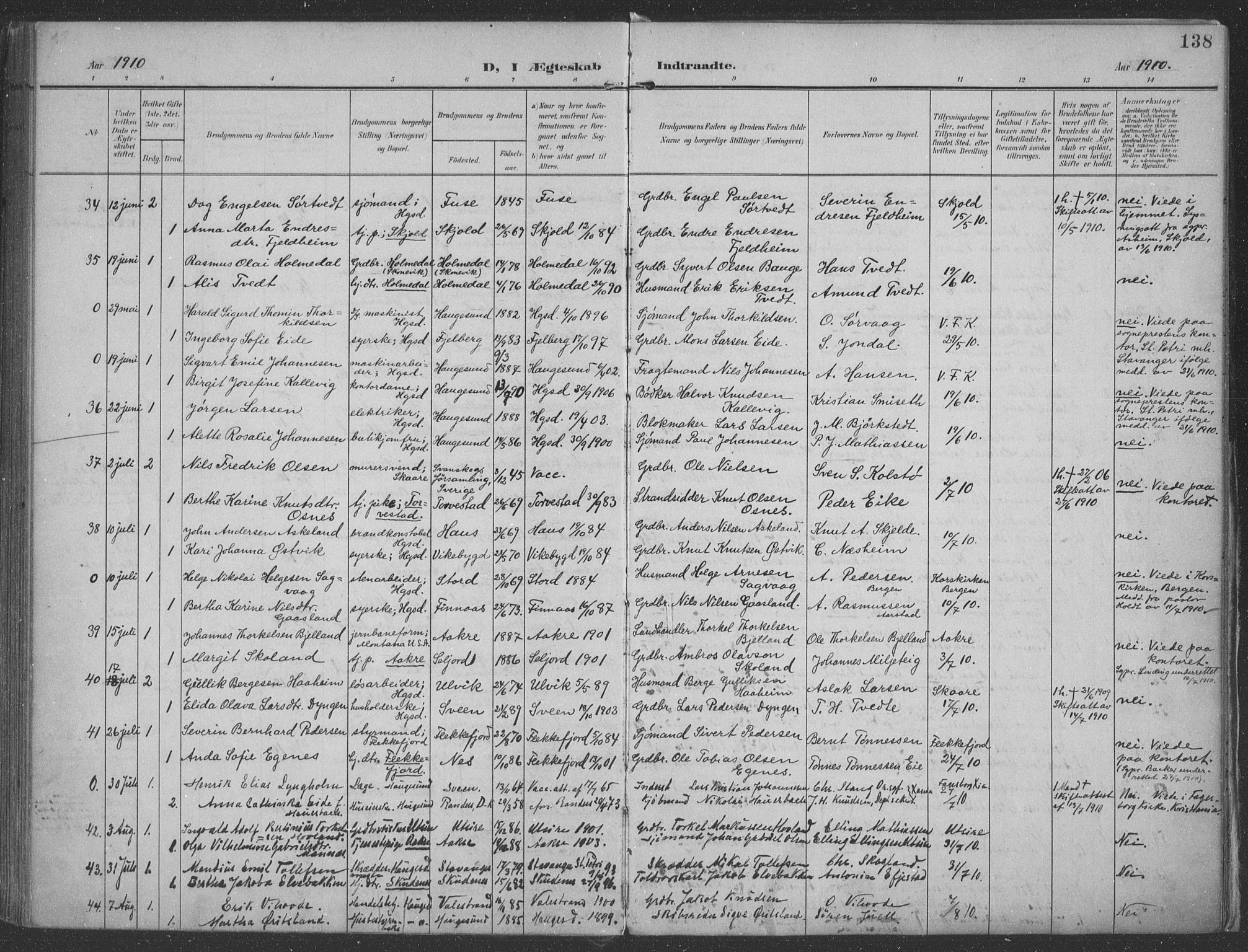 Haugesund sokneprestkontor, AV/SAST-A -101863/H/Ha/Haa/L0007: Parish register (official) no. A 7, 1904-1916, p. 138