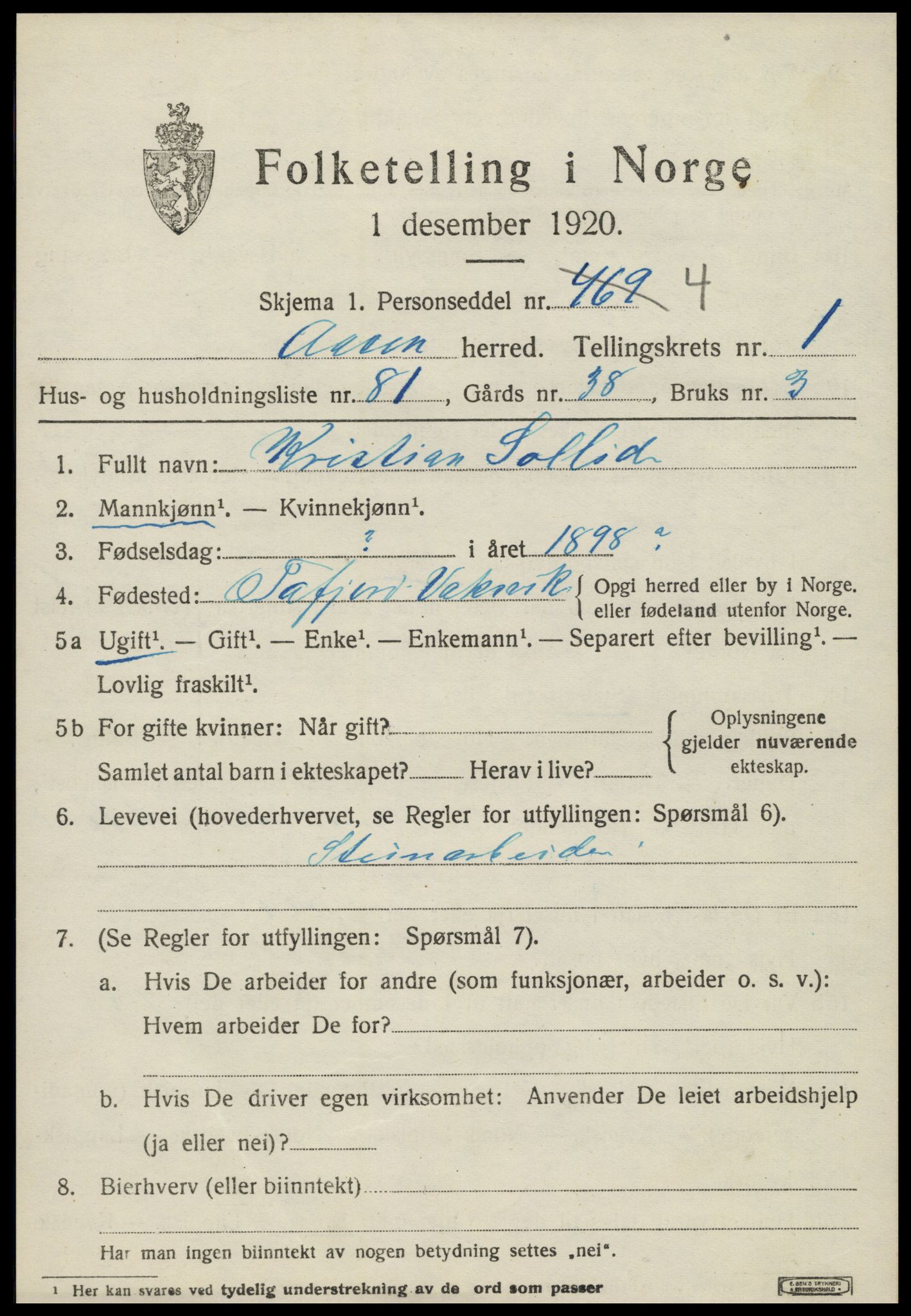 SAT, 1920 census for Åsen, 1920, p. 1698