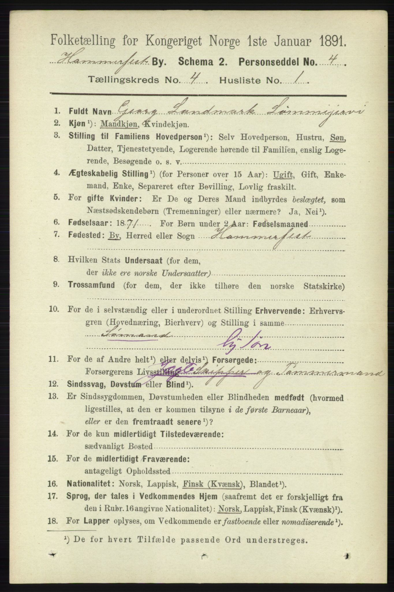 RA, 1891 census for 2001 Hammerfest, 1891, p. 909