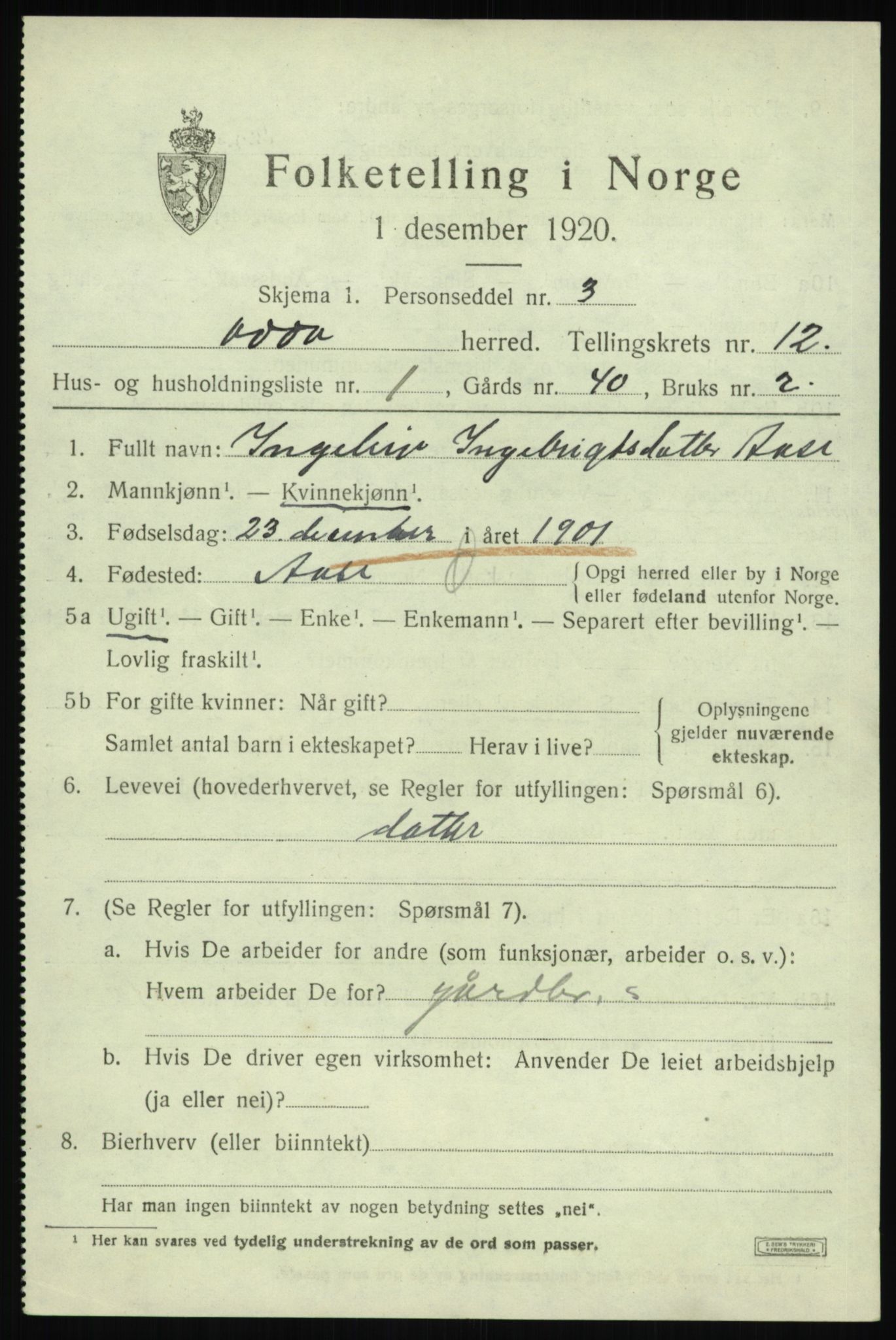 SAB, 1920 census for Odda, 1920, p. 11663