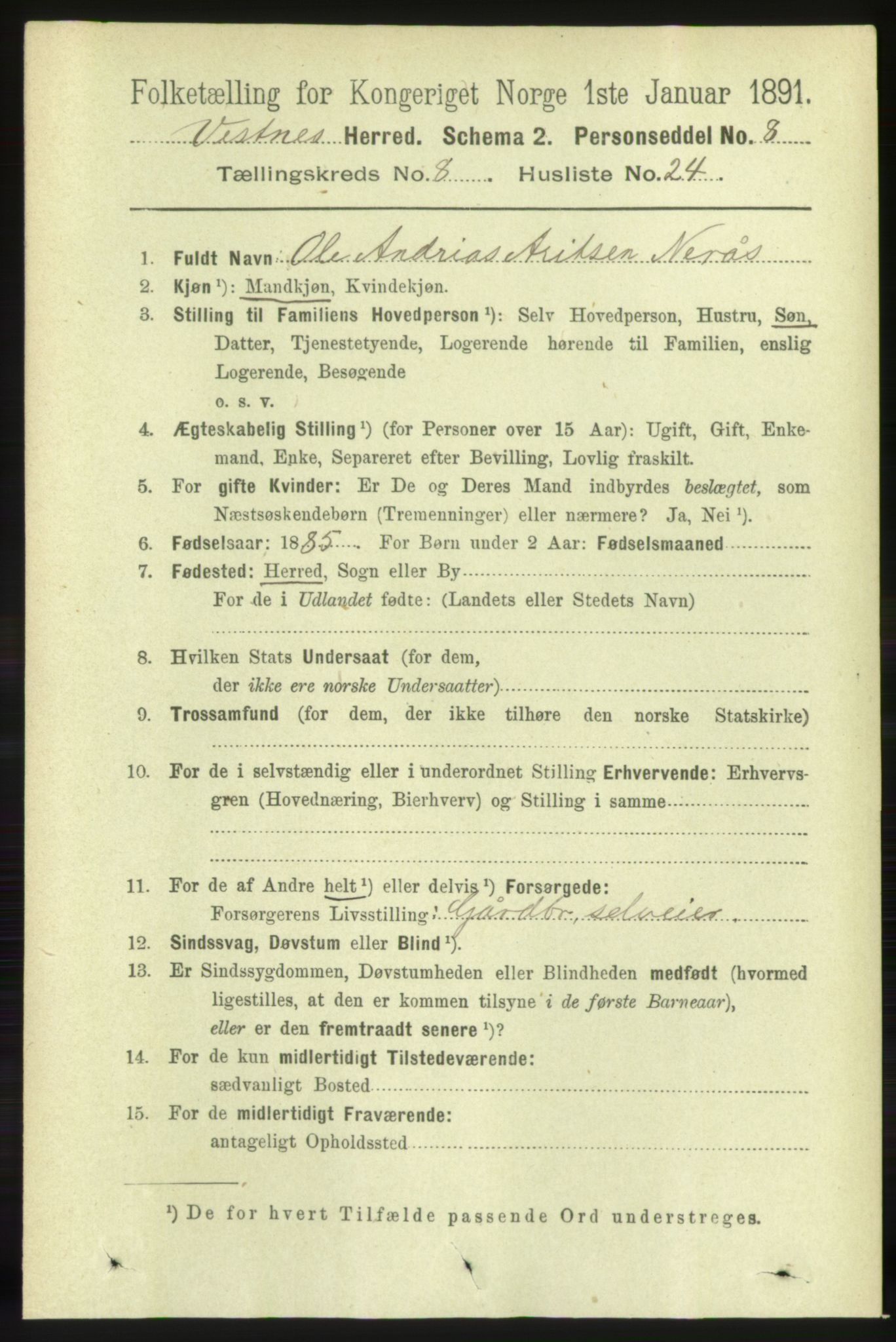 RA, 1891 census for 1535 Vestnes, 1891, p. 3290