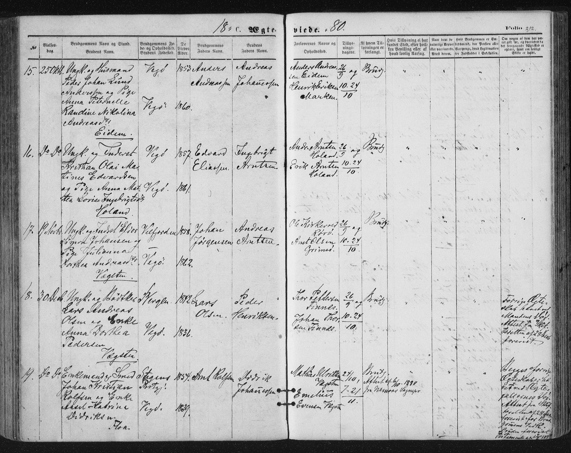 Ministerialprotokoller, klokkerbøker og fødselsregistre - Nordland, SAT/A-1459/816/L0241: Parish register (official) no. 816A07, 1870-1885, p. 212
