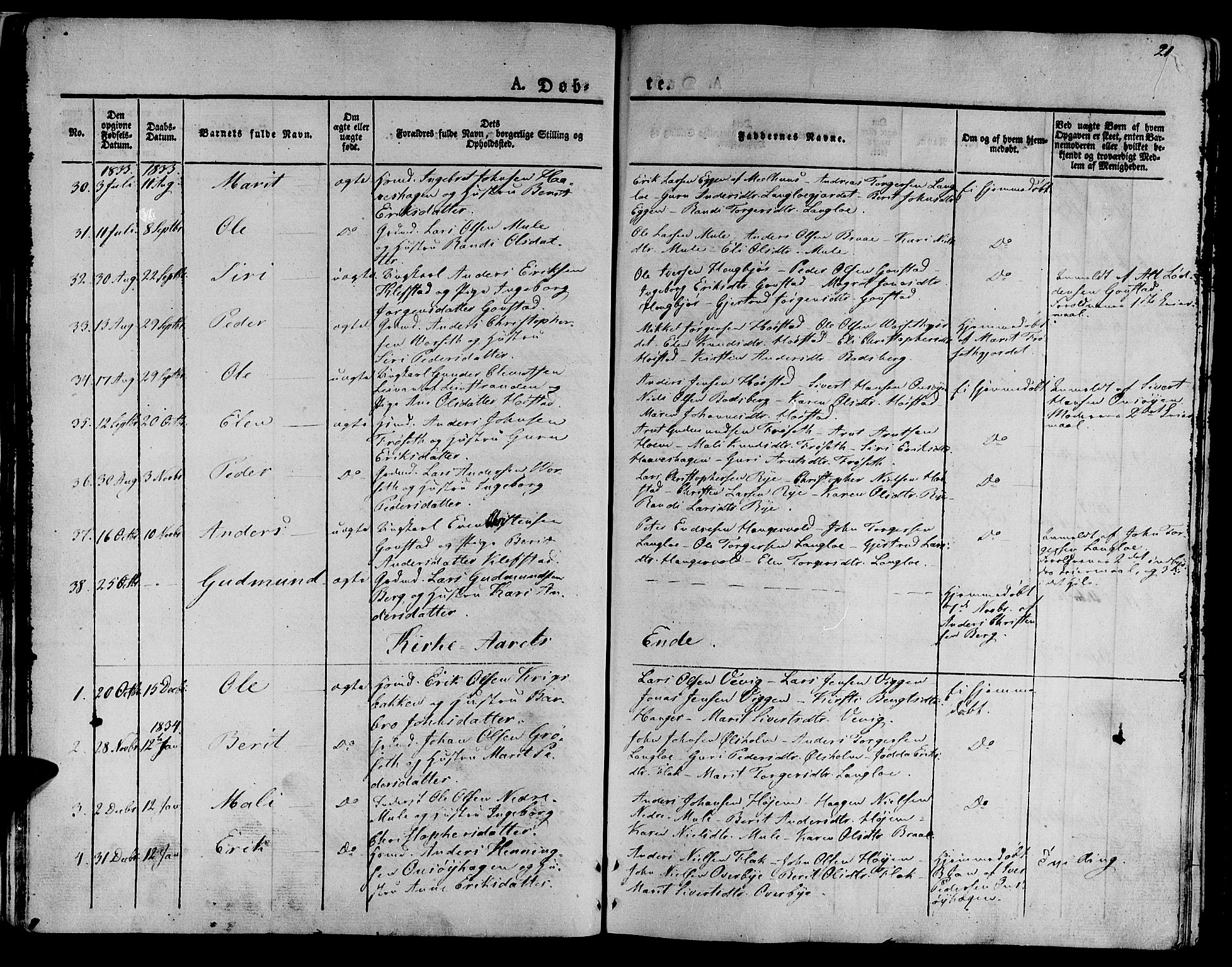 Ministerialprotokoller, klokkerbøker og fødselsregistre - Sør-Trøndelag, SAT/A-1456/612/L0374: Parish register (official) no. 612A07 /1, 1829-1845, p. 21