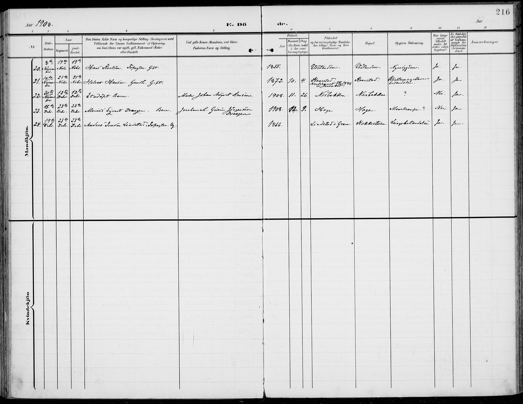 Jevnaker prestekontor, AV/SAH-PREST-116/H/Ha/Haa/L0011: Parish register (official) no. 11, 1902-1913, p. 216