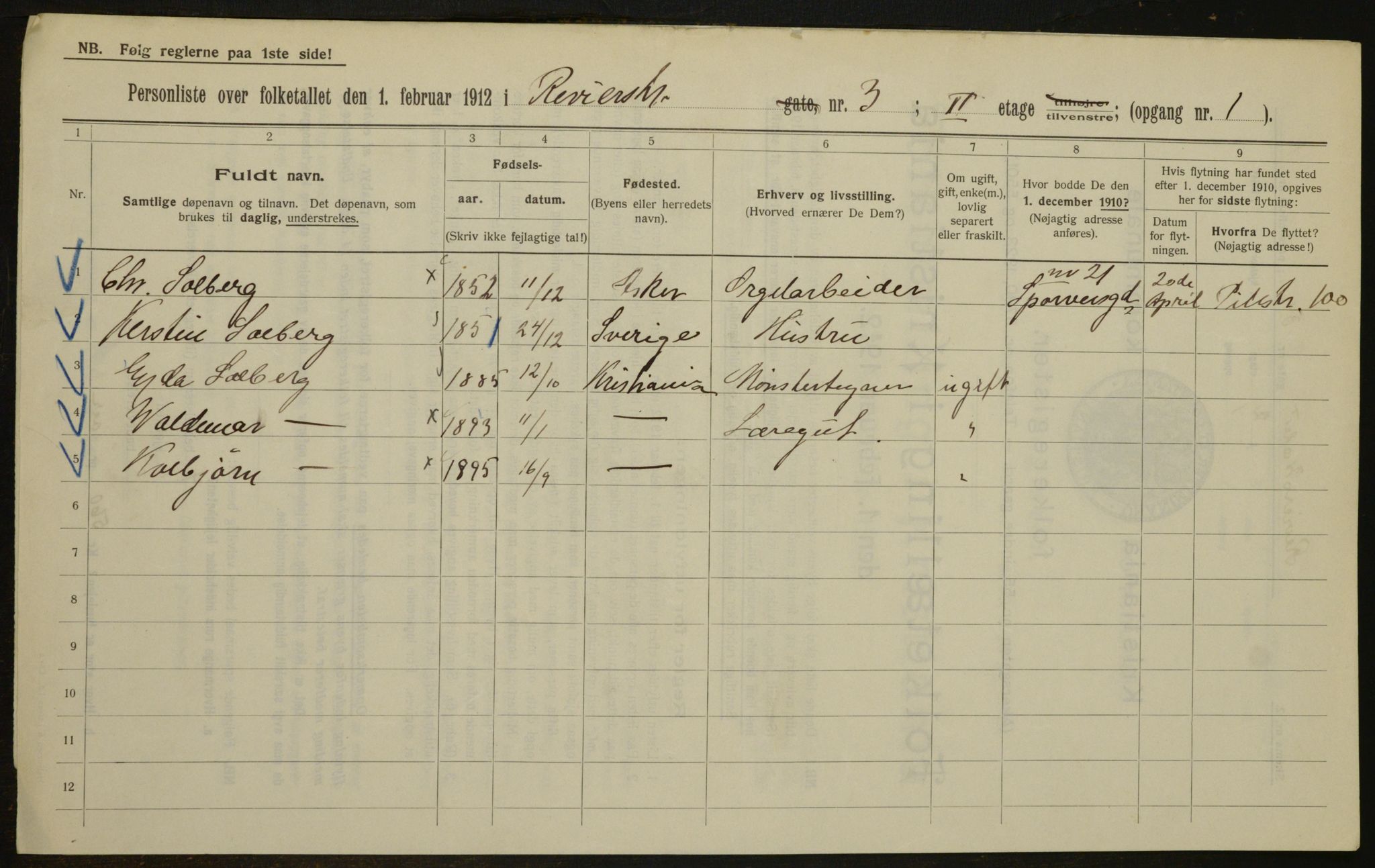 OBA, Municipal Census 1912 for Kristiania, 1912, p. 83073