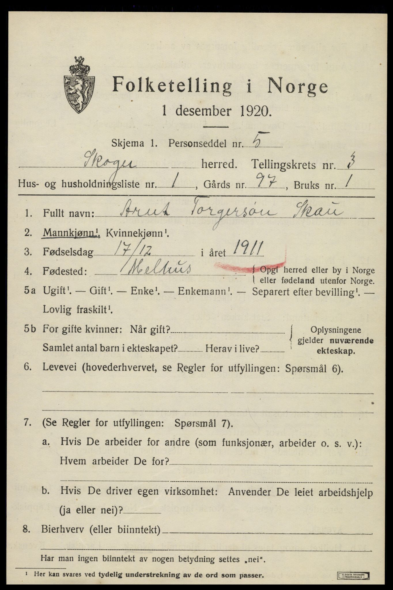 SAT, 1920 census for Skogn, 1920, p. 4603