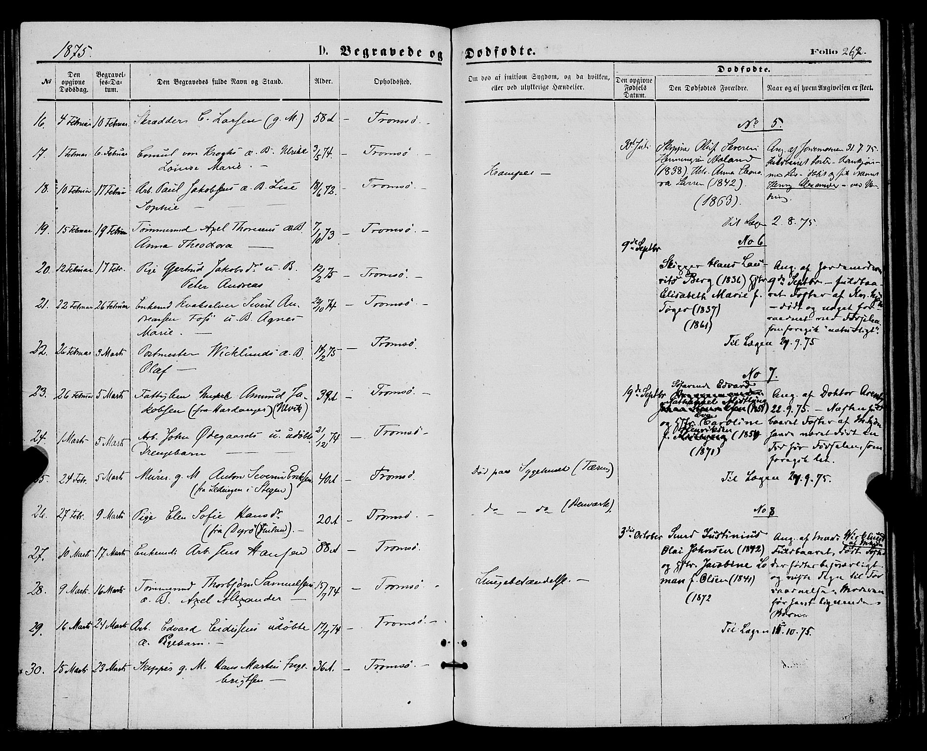 Tromsø sokneprestkontor/stiftsprosti/domprosti, AV/SATØ-S-1343/G/Ga/L0013kirke: Parish register (official) no. 13, 1872-1877, p. 262