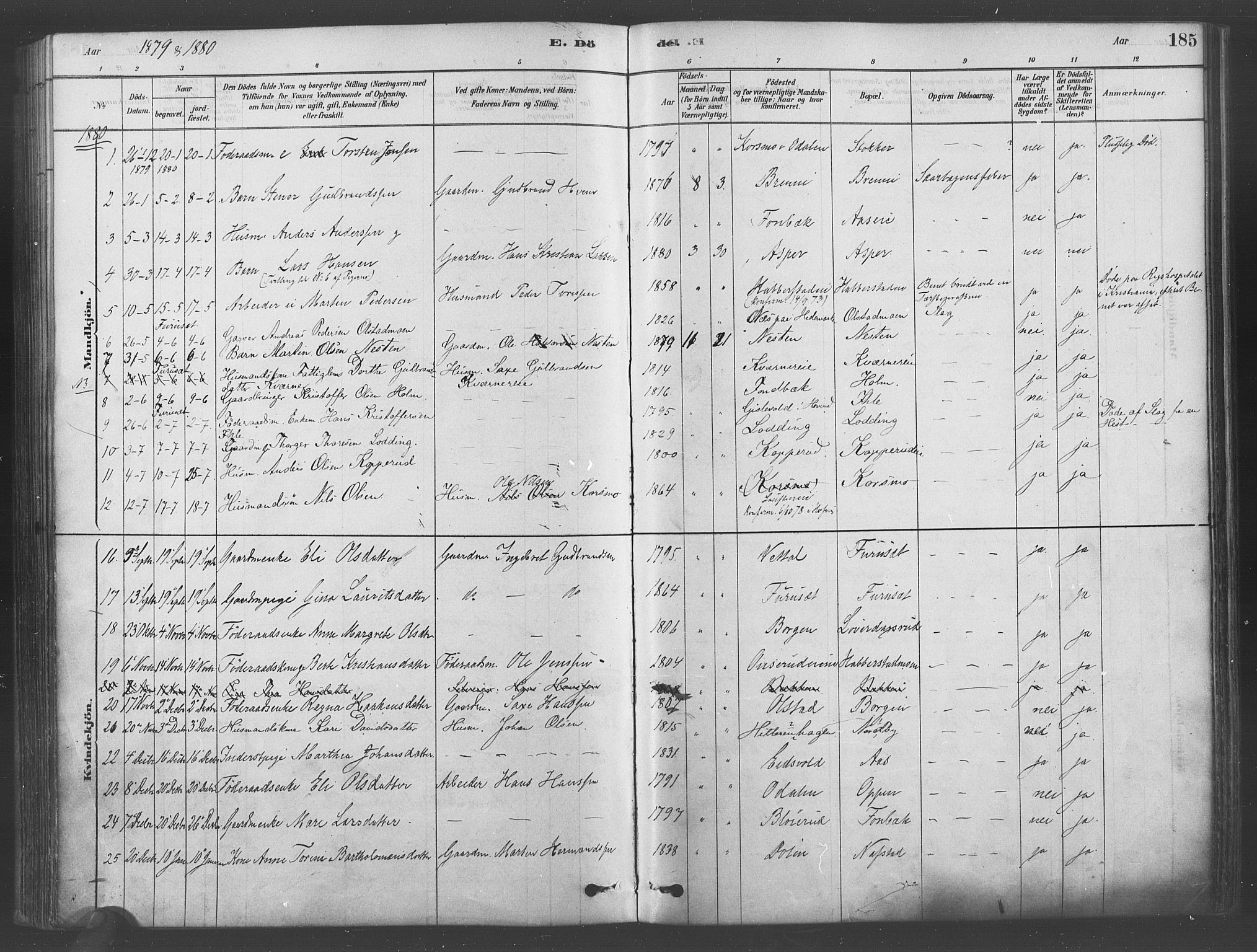 Ullensaker prestekontor Kirkebøker, SAO/A-10236a/F/Fa/L0019: Parish register (official) no. I 19, 1878-1891, p. 185