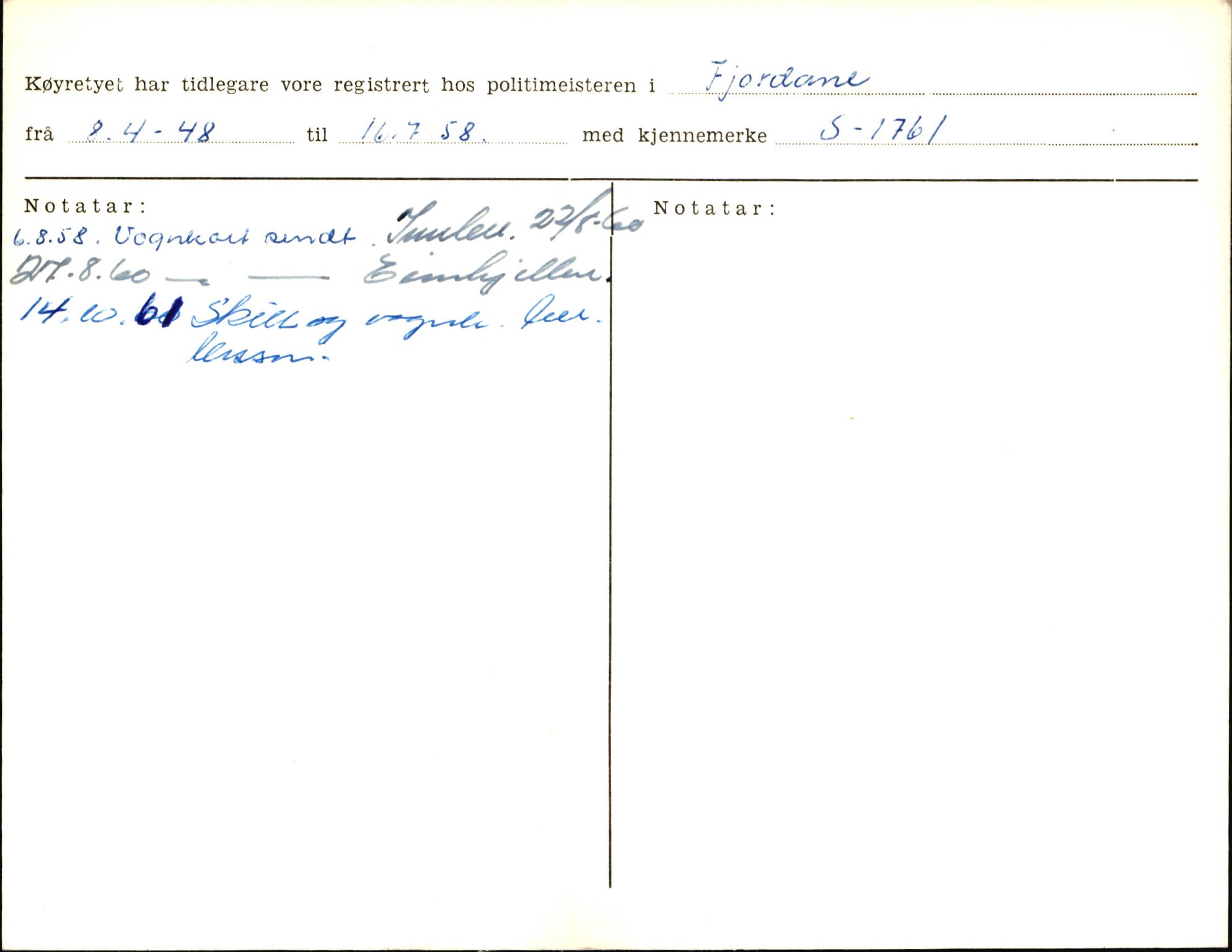 Statens vegvesen, Sogn og Fjordane vegkontor, AV/SAB-A-5301/4/F/L0006: Registerkort utmeldte Fjordane S8300-9500, 1930-1961, p. 77